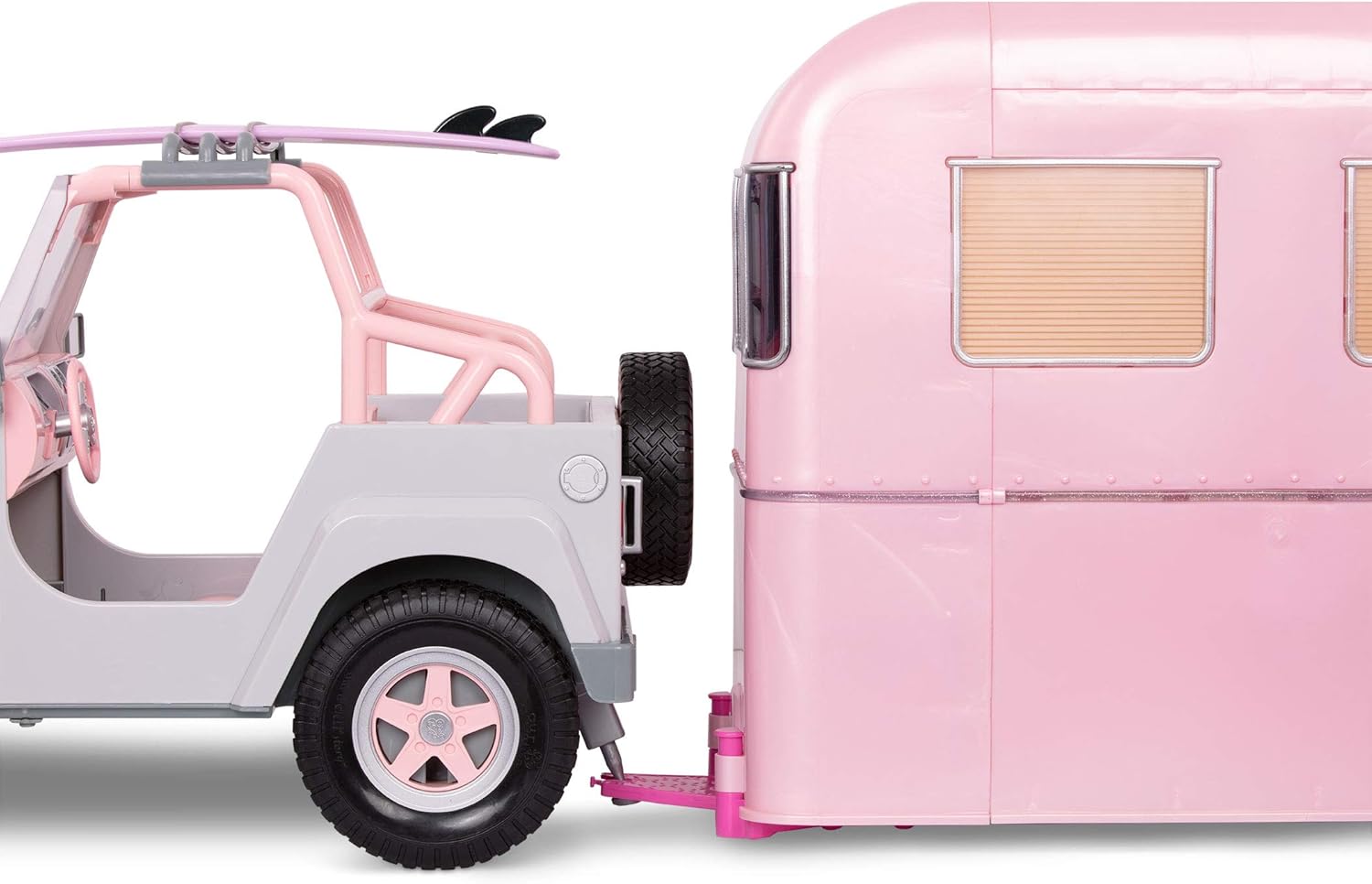 Our Generation OG Off Roader – 4x4 Vehicle Playset for 18-inch Dolls, Beach Themed Vehicle Featuring Surfboard, Salmon Pink Car, Working Lights, Wipers, Speakers, Realistic Play