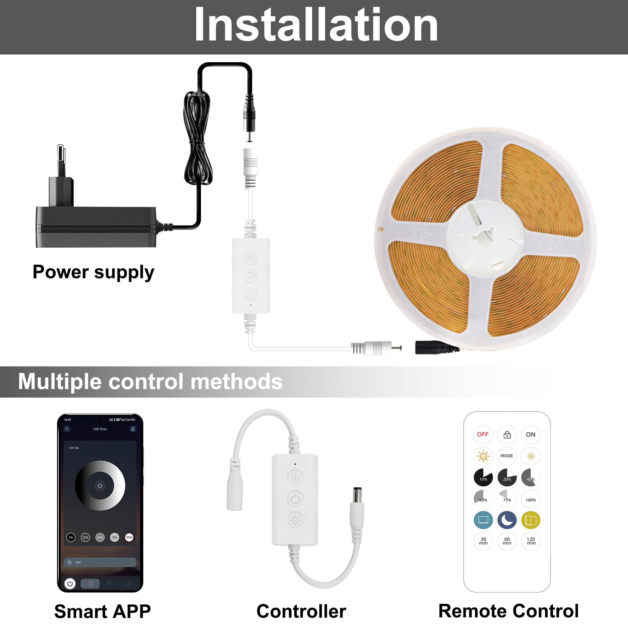 TTWAY COB LED Streifen 7,5M, LED Streifen Warmweiss 2700K, 24V Dimmbar LED Band, CRI92, 8mm Breite, mit Fernbedienung und Netzteil, für Home Dekoration, Küche, Spiegel.
