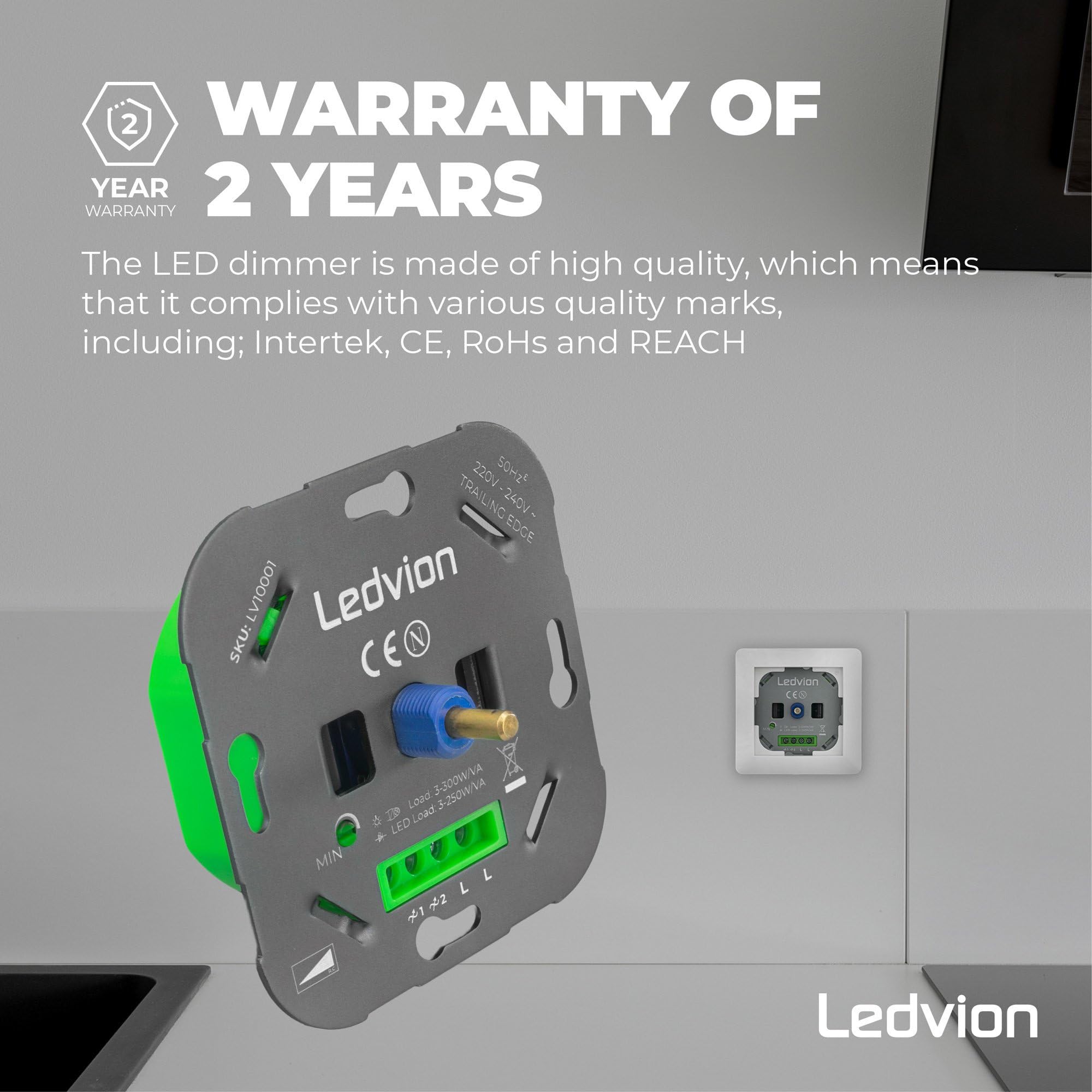 Ledvion - Interruttore Dimmer LED, LED 3-250 W/Alogeni 3–300 W, Copertura Bianca, Taglio di Fase, Dimmer Rotativo da Incasso, Variatore Rotativo LED