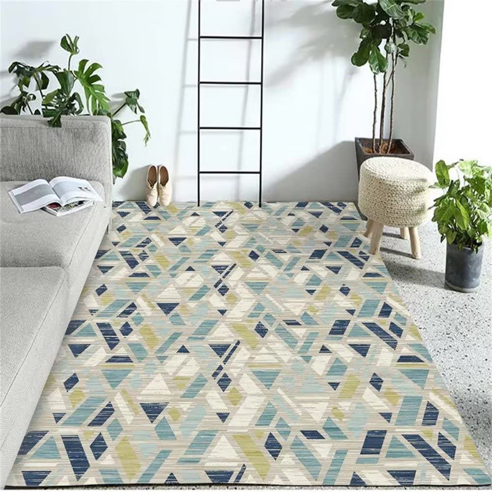 Tapis extérieur et intérieur motif géométrique bleu et jaune 200x300 cm résistant et lavable