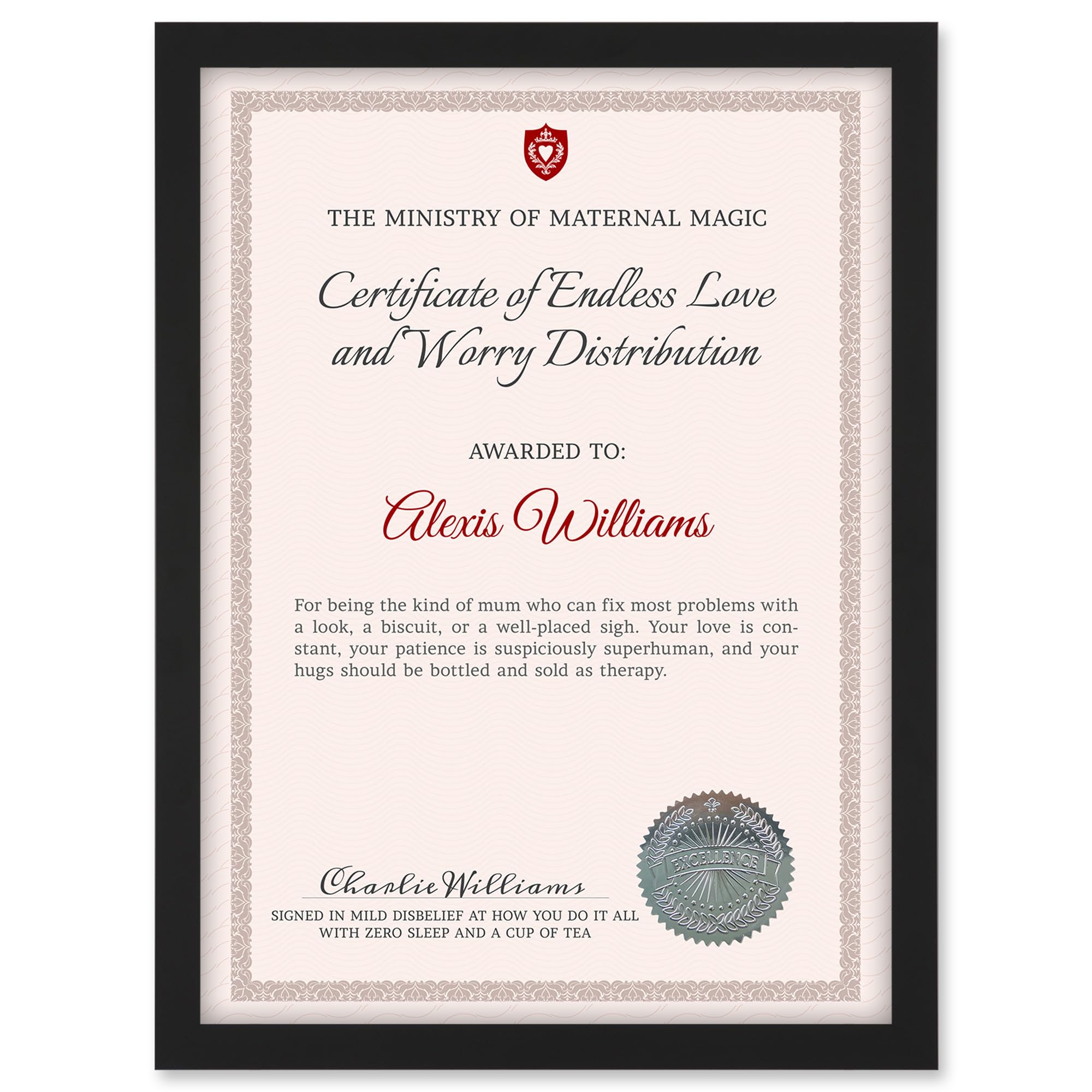 Artery8 Mother B Personalised Certificate Maternal Magic Mum Endless Love A4 Black Framed Diploma Novelty Award Mothers Day Birthday