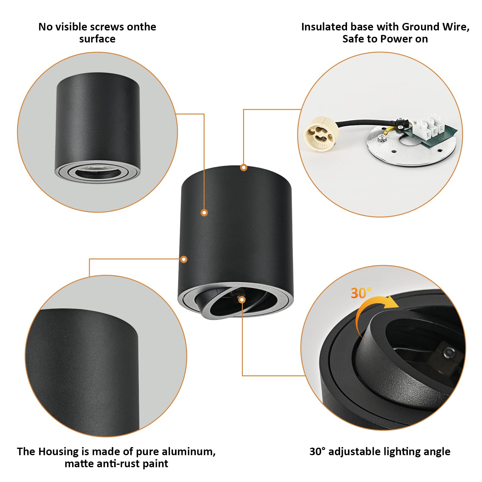 Faretto da Soffitto Orientabili Nero 6 Pcs, Faretti da Soffitto GU10 230V, Alluminio Faretto LED Interno Downlight, Faretti LED Soffitto Rotondo Plafoniera moderna,con attacco GU10