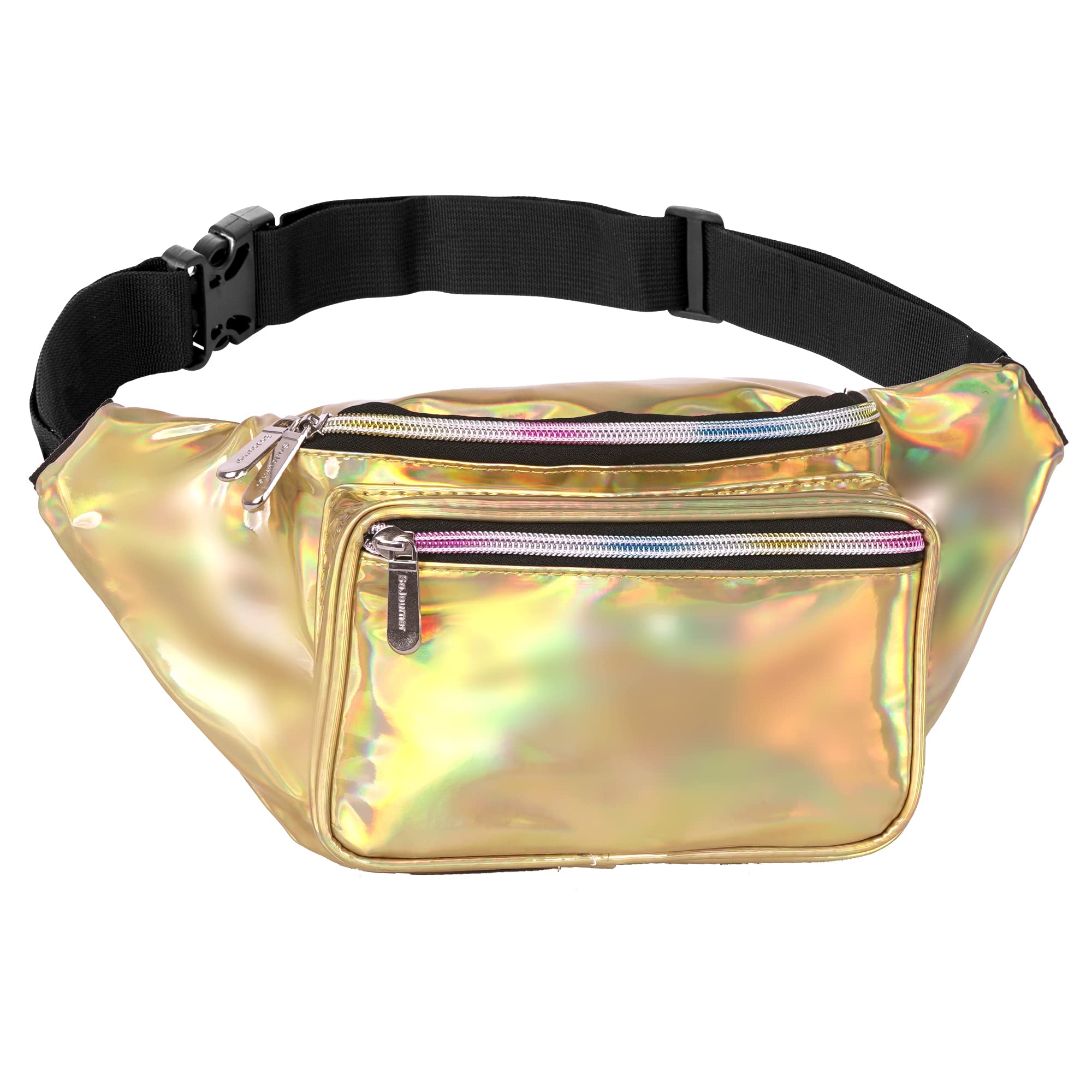 Holographic Fanny Pack Belt bag - Crossbody Waist Bag for Men or Women - Hands-Free, Waterproof Large Bumbag for Hiking, Running, and Travel (Gold)