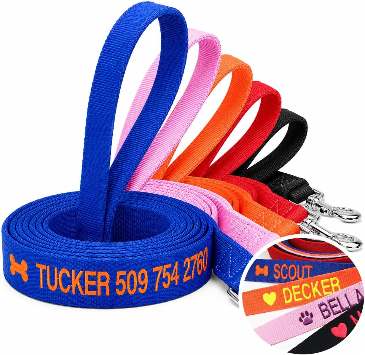 GoTags Personalized Dog Leash, Embroidered with Pet Name or Custom Text, Heavy Duty Washable Nylon, Colorful 6 FT Collar Lead in Black, Blue, Pink, Orange, Red and More, Comfort Loop Handle