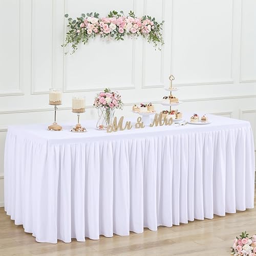 Miniatura 2 de Suppromo Mantel blanco de 6 pies con falda de mesa para mesas rectangulares, mantel elástico de 3 caras con volantes blancos para fiesta de