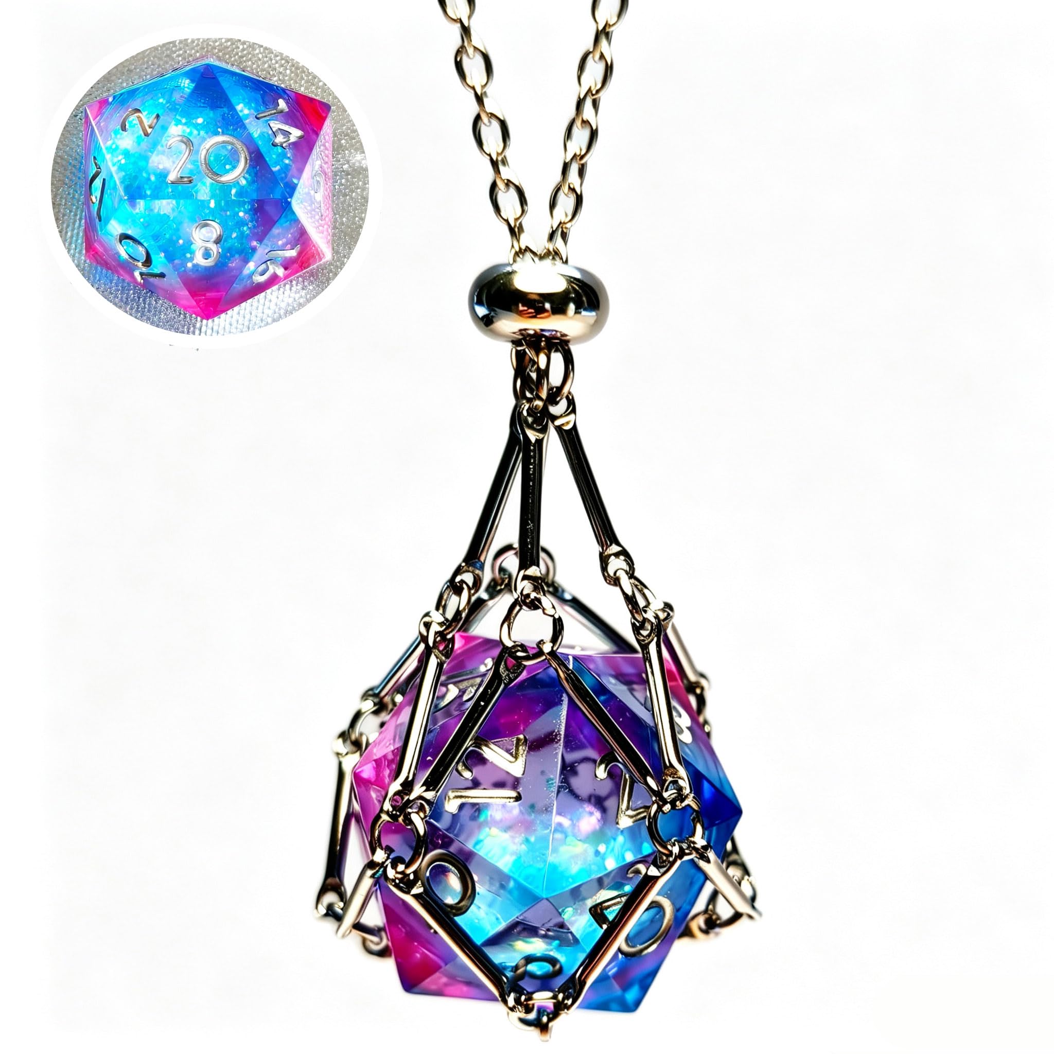 DND D20 Liquid Core Dice Necklace - Interchangeable Stainless Steel Cage for d&d Dice，Dice Pendant DND Gift for Dungeon Master, D&D Player and RPG Gamer (Purple + Blue)