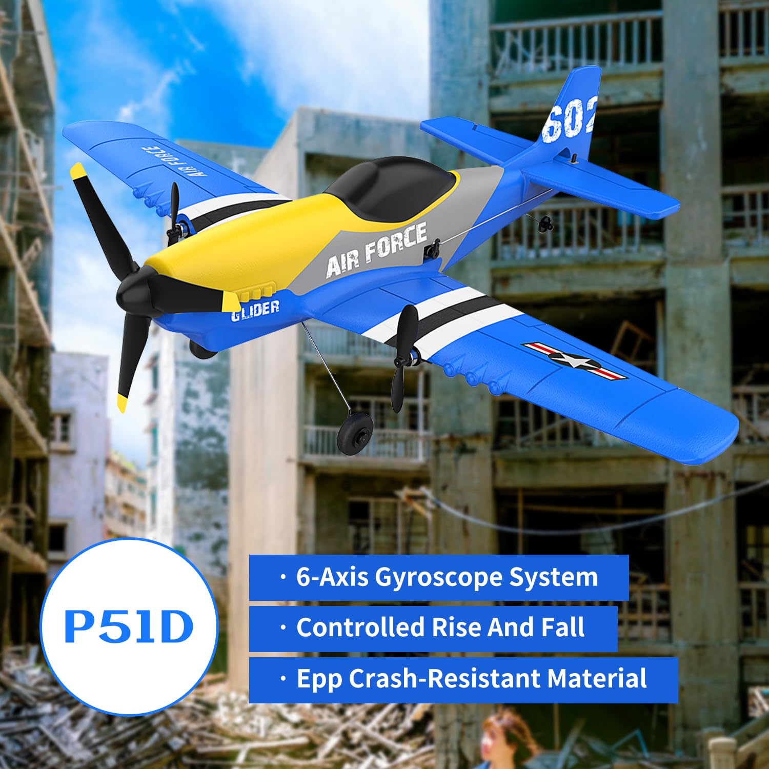 OMNANGO Rc Plane 3-Channel 2.4GHZ Rc Airplane, P51 Mustang Fighter with 2 Batteries, 6 Gyroscopes Stabilization System Easy to Fly Suitable for Beginners, Kids, Adults