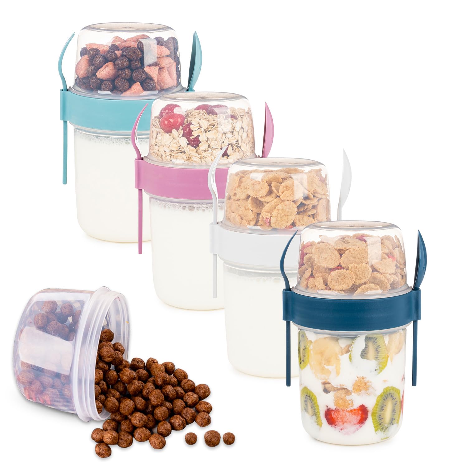 EYNEL 4 Pack On The Go 37 oz Breakfast Cups with Lids and Spoon, Reusable Cereal Yogurt Cup with Topping Plastic Overnight Oats Container for Granola Oatmeal (37 oz- 4 Pack)