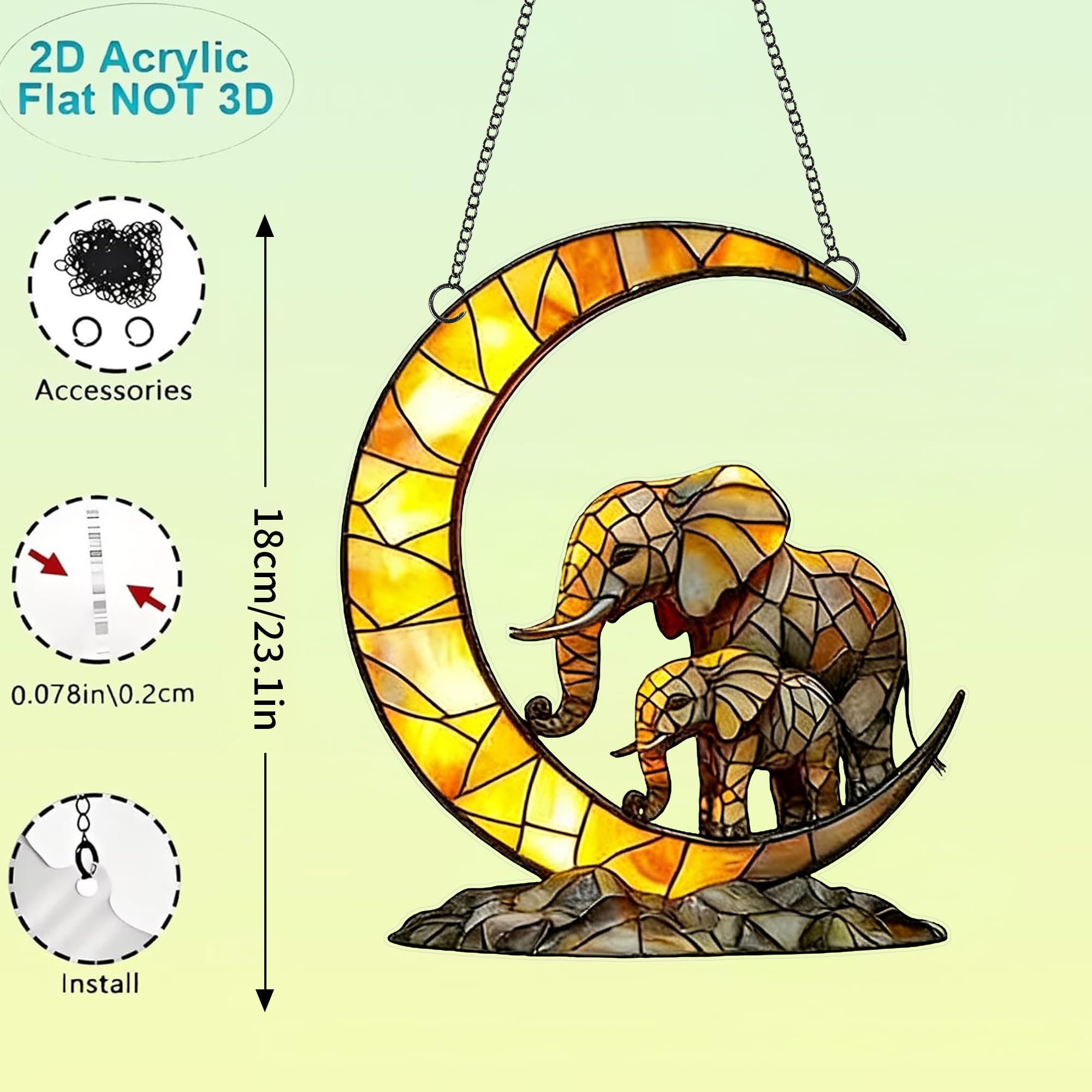 Crescent Moon Mother and Baby Elephant Acrylic Suncatcher with Hanging Chain, Warm Mosaic Window Decor for Home, Patio, Garden,Ideal Present for Family, Housewarming, Baby Shower/YX-42 — view 8