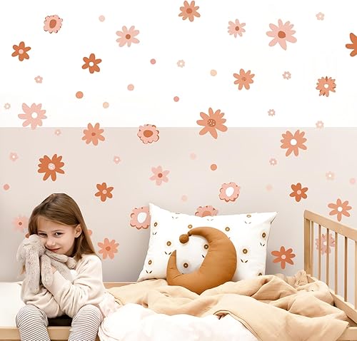 Supzone Calcomanías de pared de flores de margaritas de otoño, calcomanías de pared de flores retro, calcomanías de pared boho naranja rosa floral
