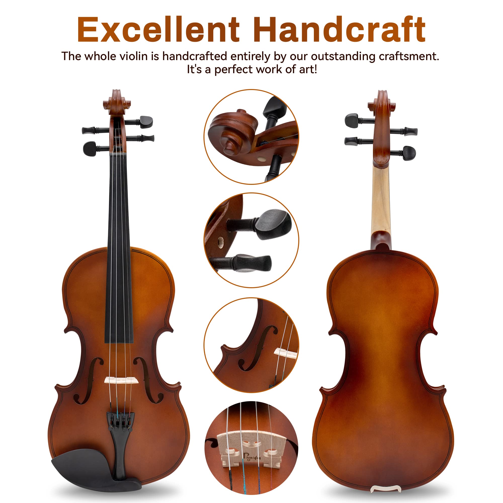 Poseidon - Instrumentos musicales de cuerda - Violín artesanal de alta calidad para niños y adultos, violín 4/4 con funda, lazo para violín, puente de caballo, cuerdas adicionales, reposapiés,
