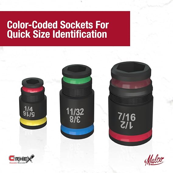 Malco 7-in-1 C-RHEX Flip Bit Socket Set with 3 cleanable, reversible, and stackable, color-coded sockets featuring an ultra-powerful magnet and a #2 Phillips integrated driver head. Impact Rated.