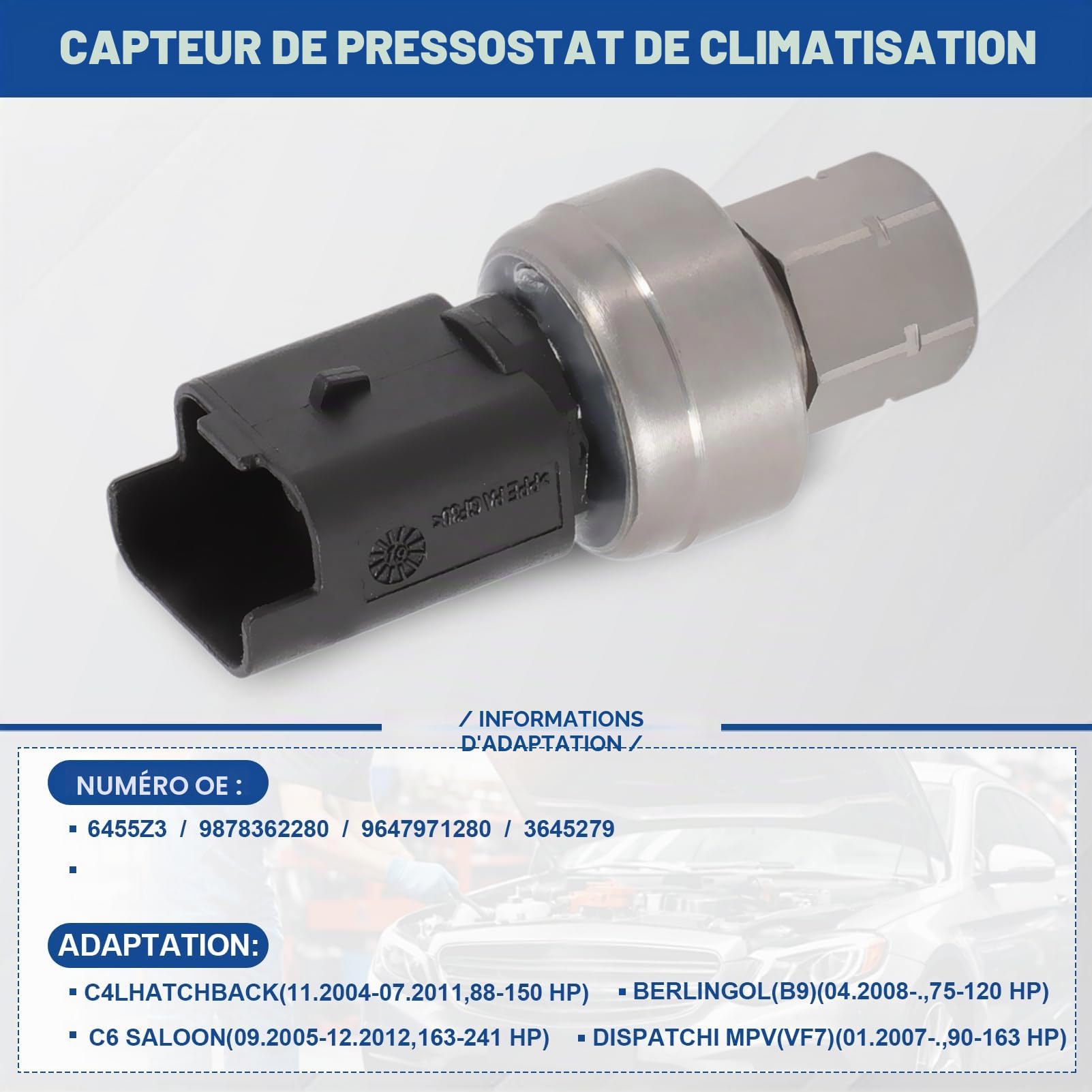 Pressostat Bouton Interrupteur Climatisation 3 pins Compatible avec BERLINGO C3 C4 C5 307 407 607 5008 PARTNER 6455Z3 9878362280 9647971280 Capteur Pression Climatisation