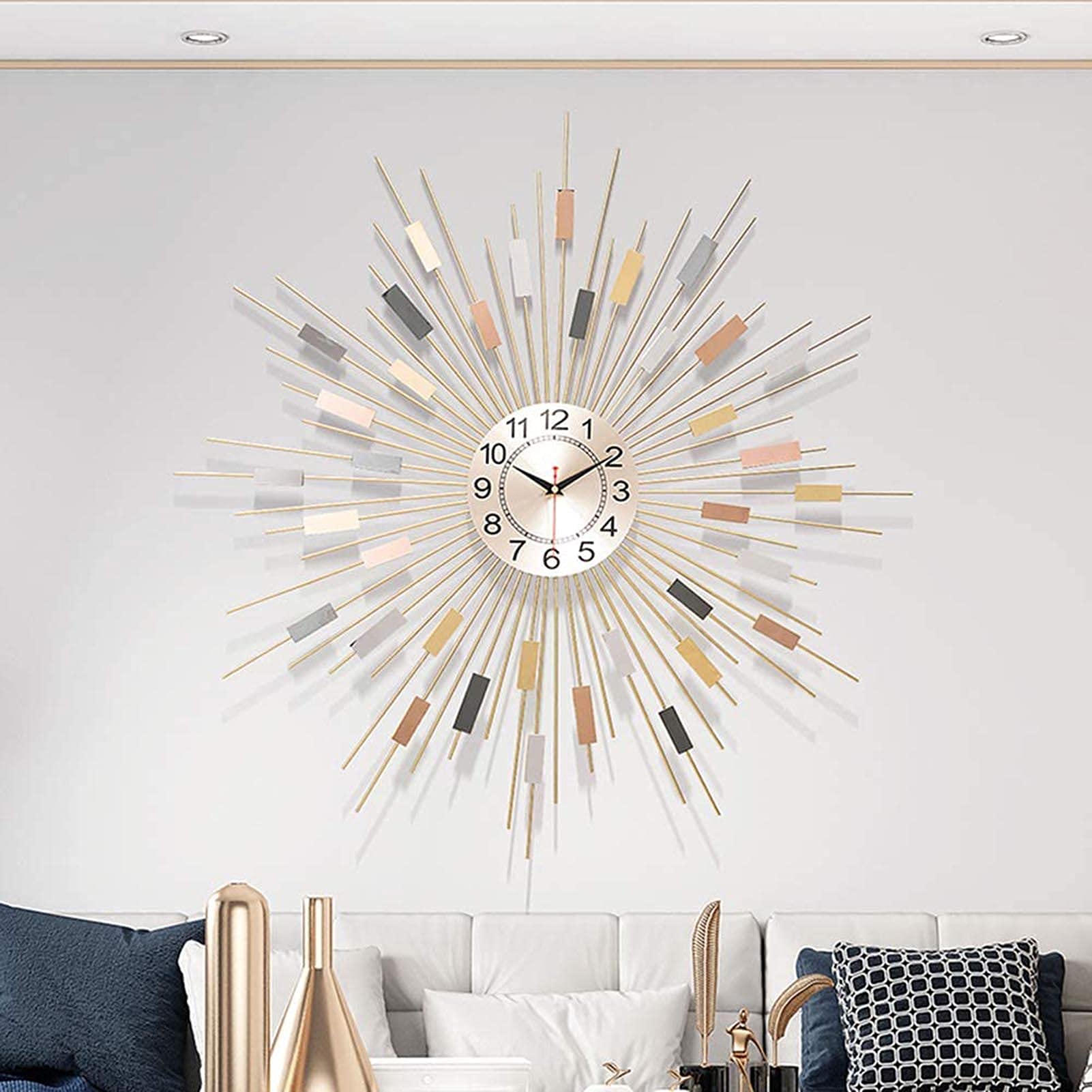 SaryEdge Large Creative Wall Clock 31In Sunburst Wall Clock Modern Leaf Shape Art Metal Clocks Operated Decoration Mute Quartz Wall Clock,