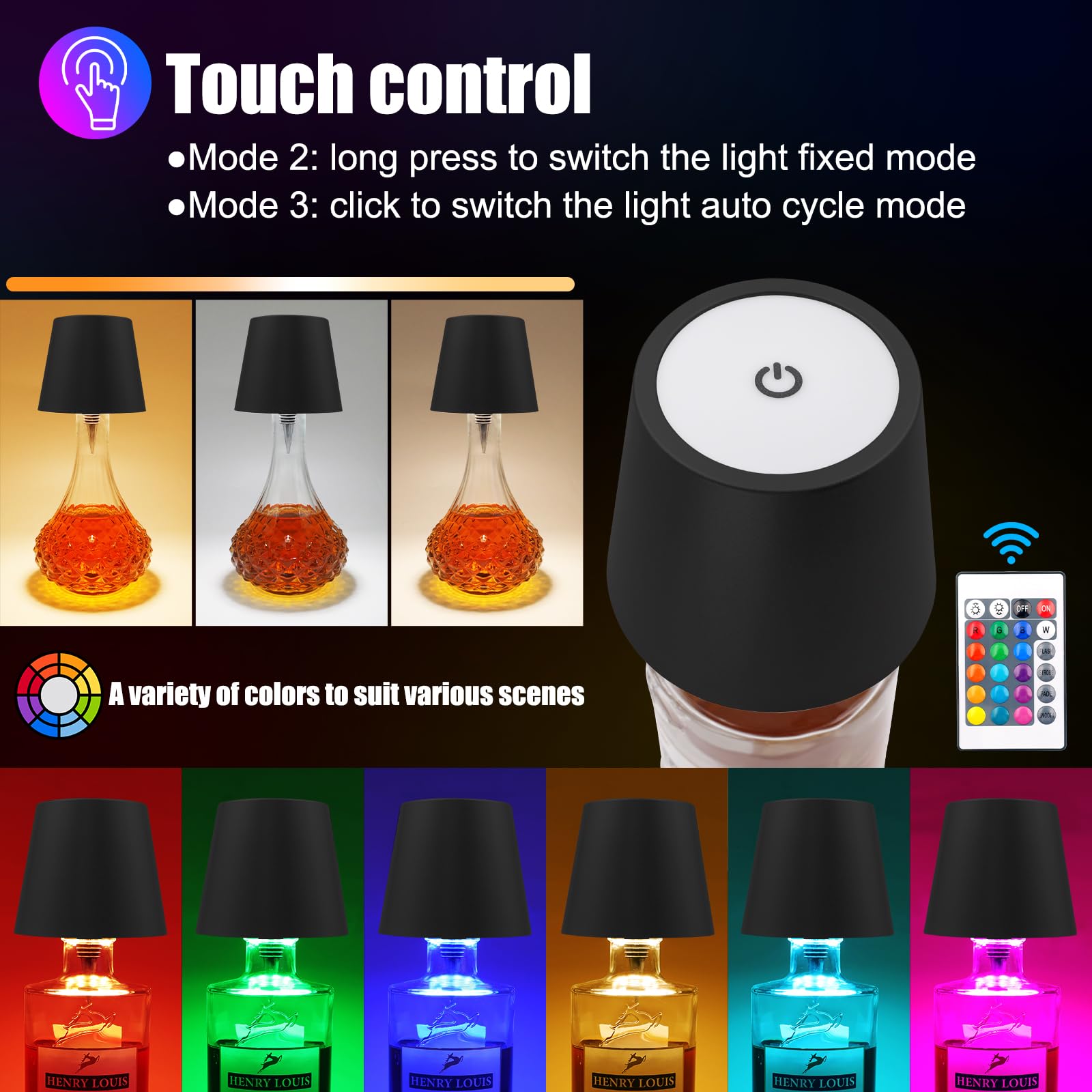 Kabellose Flaschenlampe mit Fernbedienung, wiederaufladbare RGB-Weinflasche mit 3 Modi, Lichtdimmung, wasserdichter Touch-Lampenkopf für Zimmer, Bar, Restaurant und Party-Dekorationen (schwarzes RGB)