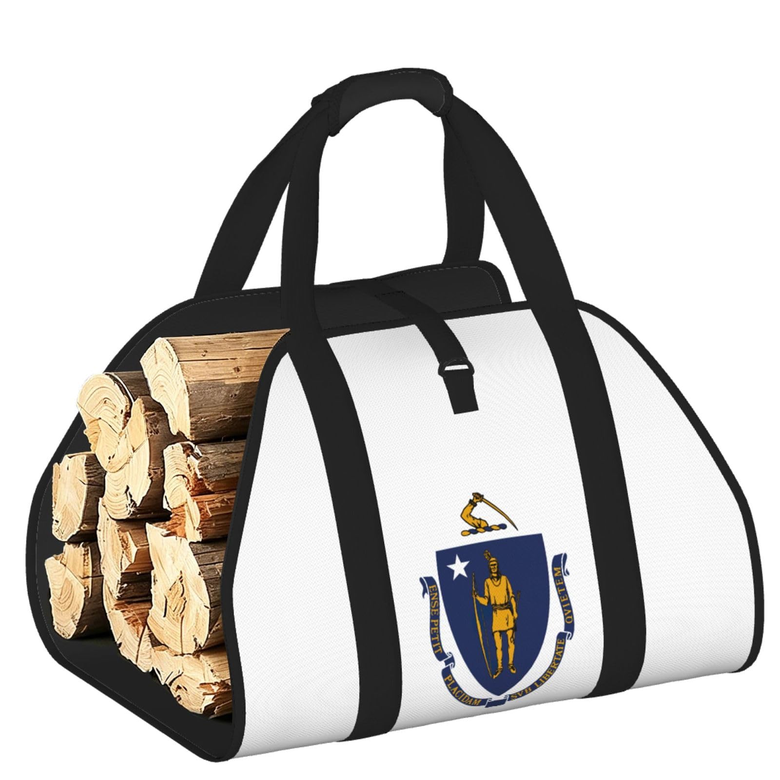 Ayyqwe Black Massachusetts State Flag Print Firewood Bag Wood Waterproof Versatile Camping Picnic Storage Daily Home