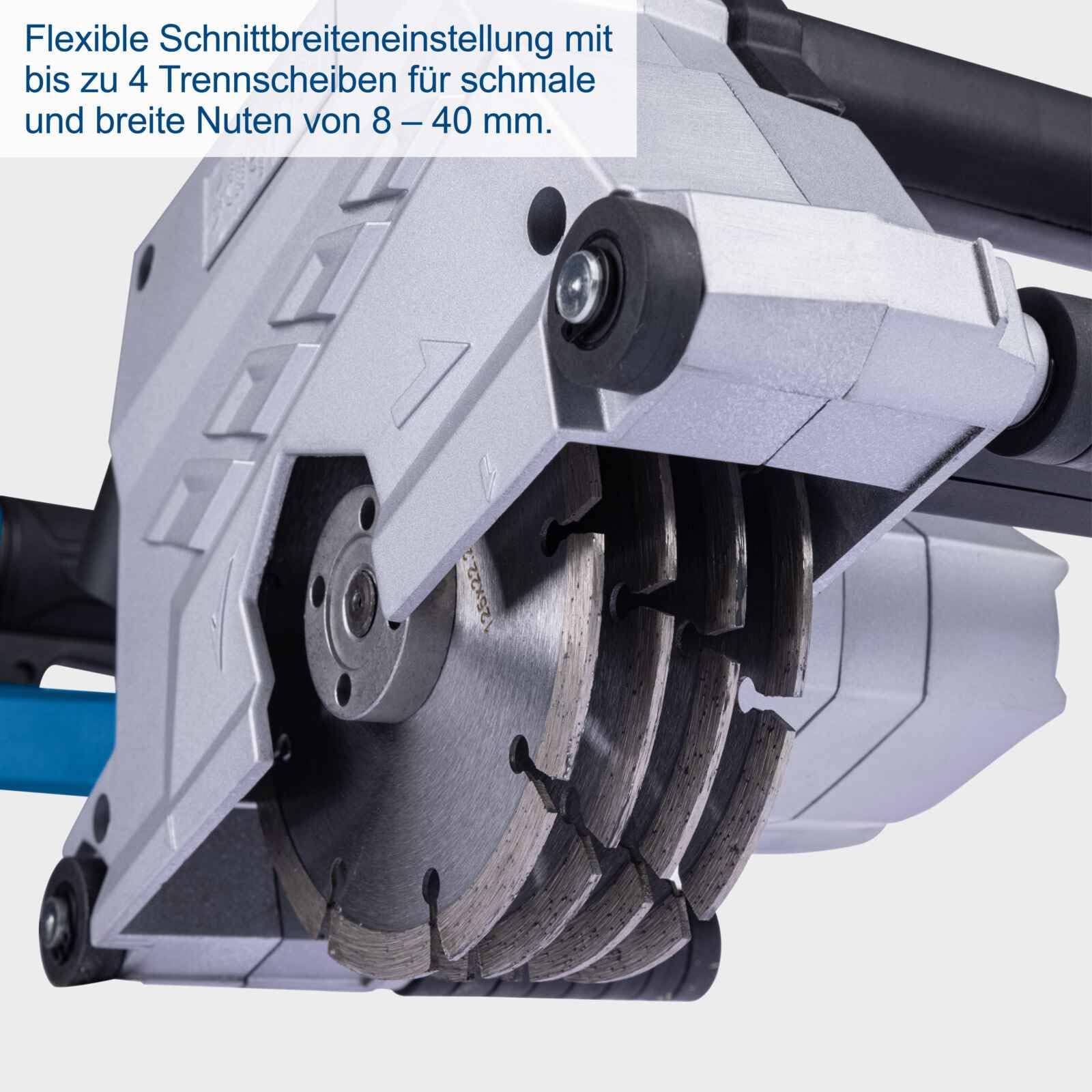Scheppach Mauernutfräse MNF2250 Schlitzfräse mit Transportkoffer & 4 Trennscheiben | Nuttiefe 0-40mm | Nutbreite 8-40mm | Leistung 2250W | Scheiben-Ø 125mm | Doppelgetriebe, Softstart sowie Softgrip