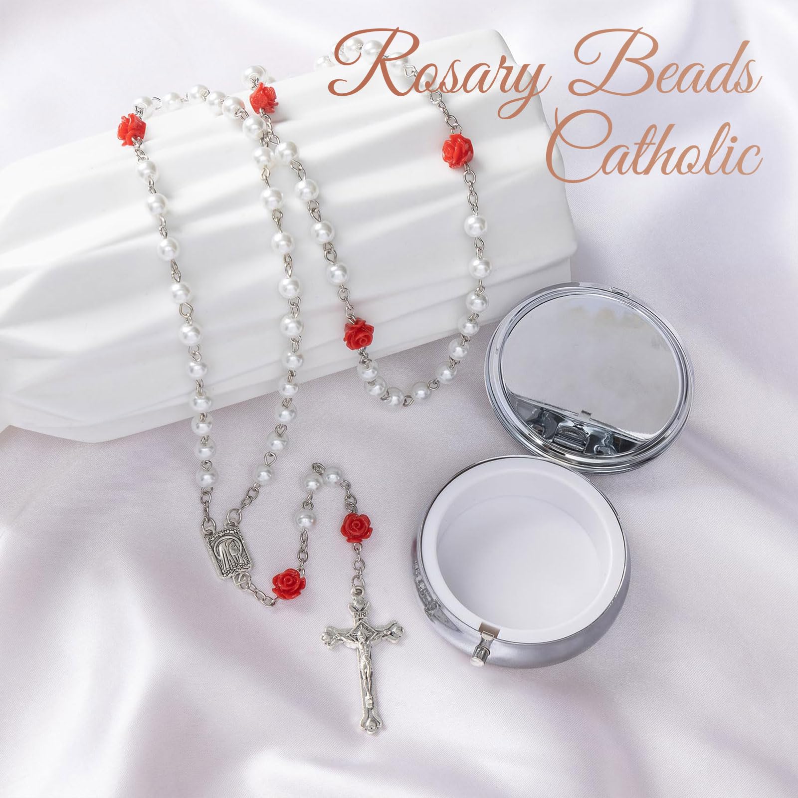 GlamRays Rosariene Pearls Catholic Confirmation Gifts for Teenage Girls Silver Simple Style Metal Gift Box White Imitation Pearl Rosary