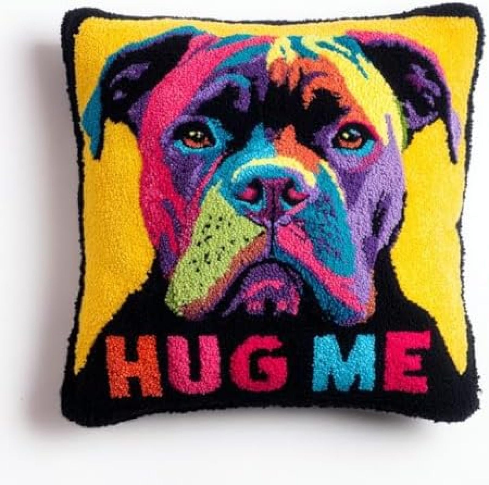 kitphoenix DIY Cushion Cover Craft Kit for Adults,Cane Corso Dog and Text Hug Me,Latch Hook Embroidery Kit with Printed Canvas,Yarn and Hook,43x43 cm Home Décor