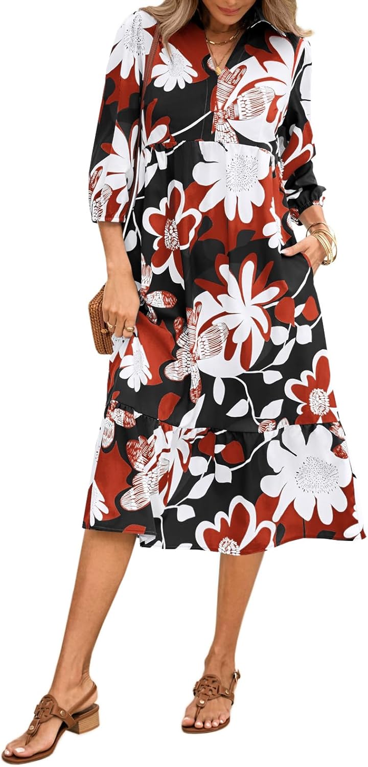 Wenrine Womens Maxi Shirt Dress Casual Floral 3/4 Long Sleeve Collared V Neck Loose Flowy Boho Fall Dresses with Pockets Red Medium