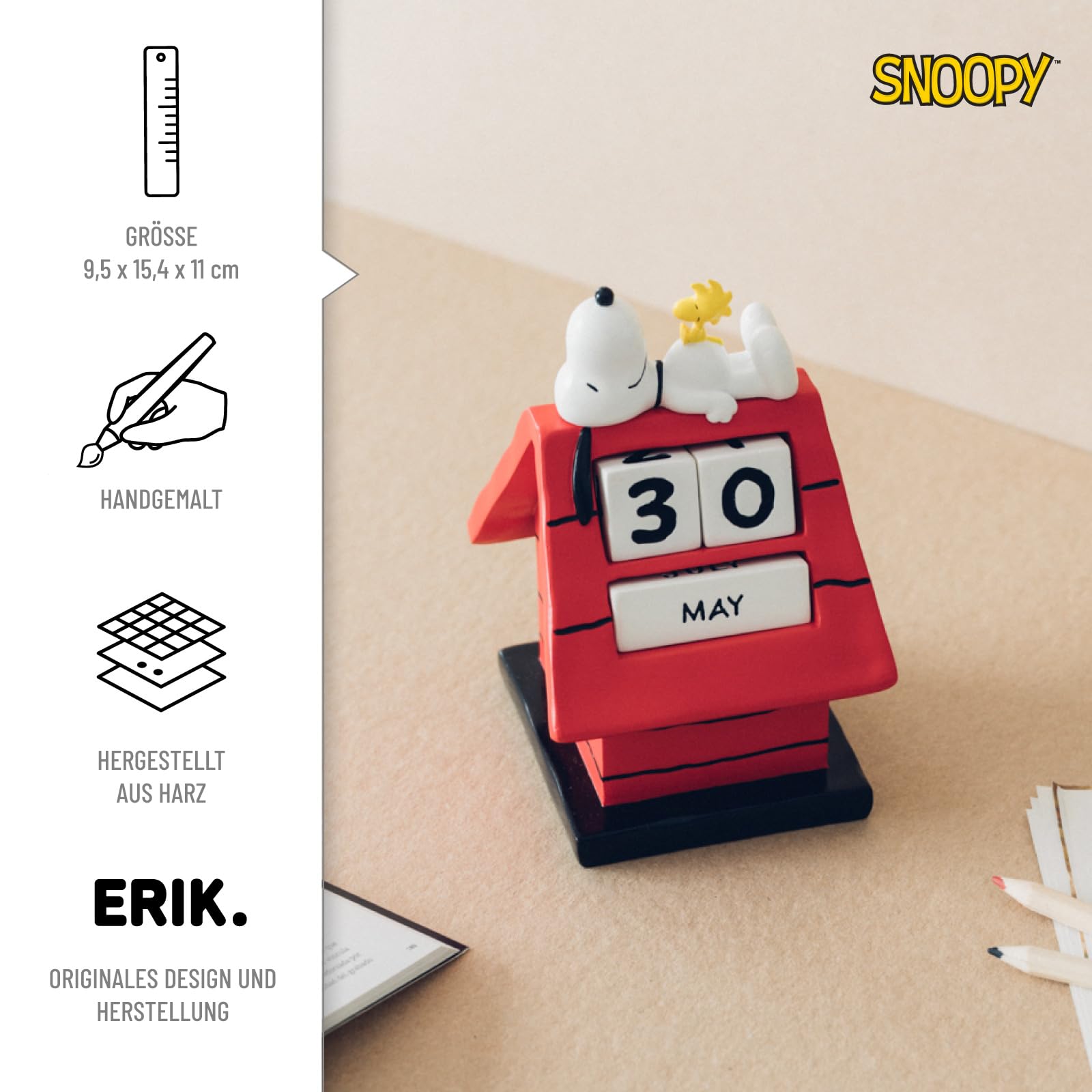 Grupo Erik Ewiger Kalender Peanuts Snoopy Figur - 3D Kalender Tischkalender zum Aufstellen - Dauerkalender Snoopy Offizielles Lizenzendprodukt Büro Deko Comic