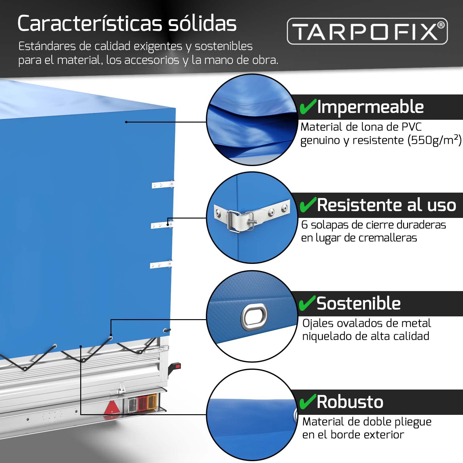 Tarpofix® Cubierta Alta para Remolque 256x131x135 cm con Cuerda – PVC Resistente – Funda Duradera 750kg & 1000kg