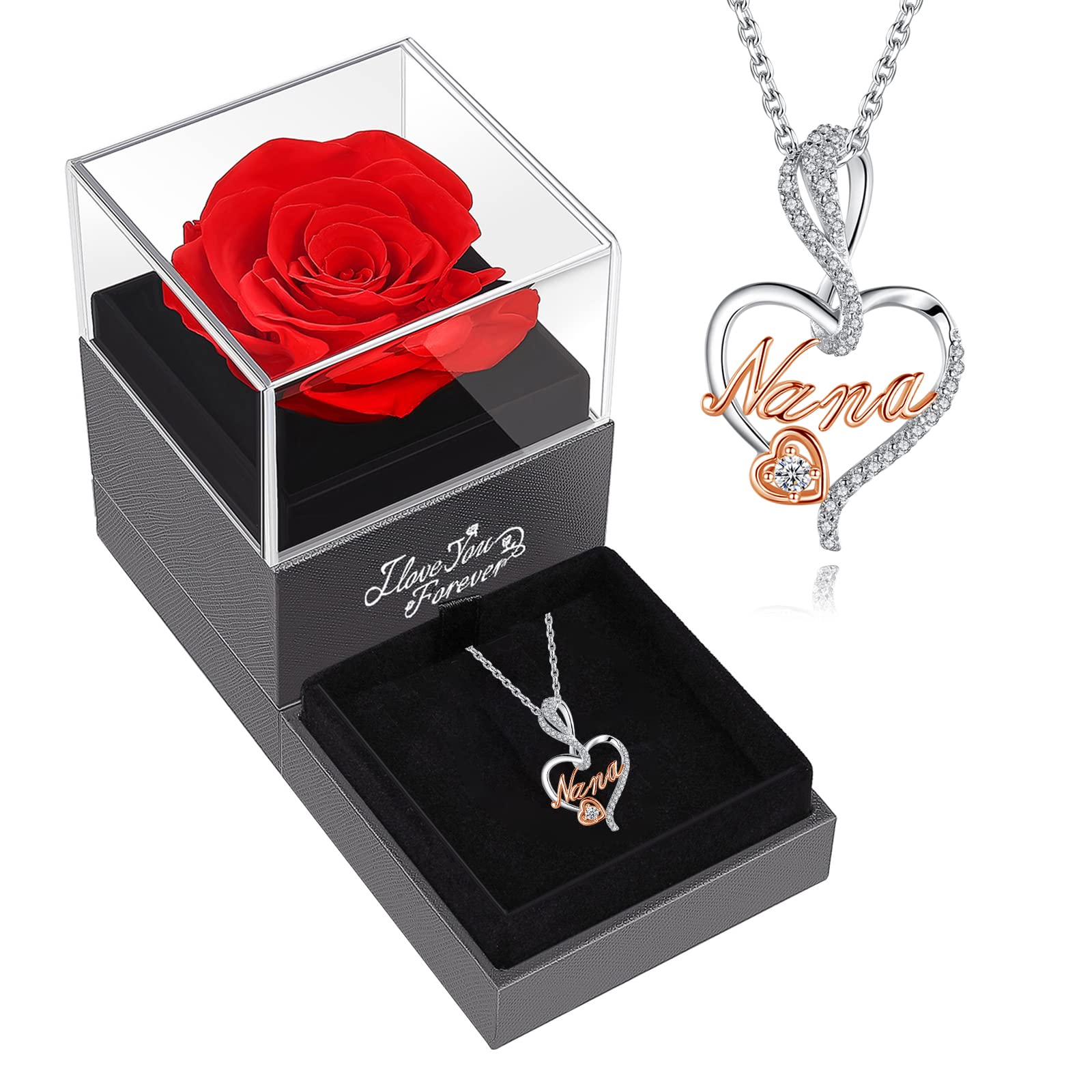 DESIMTION Preserved Red Real Rose with Nana Necklace -Enchanted Rose Flower Gifts for Mom from Daughter on Birthday Mother Day Presents for Grandma Nana Wife