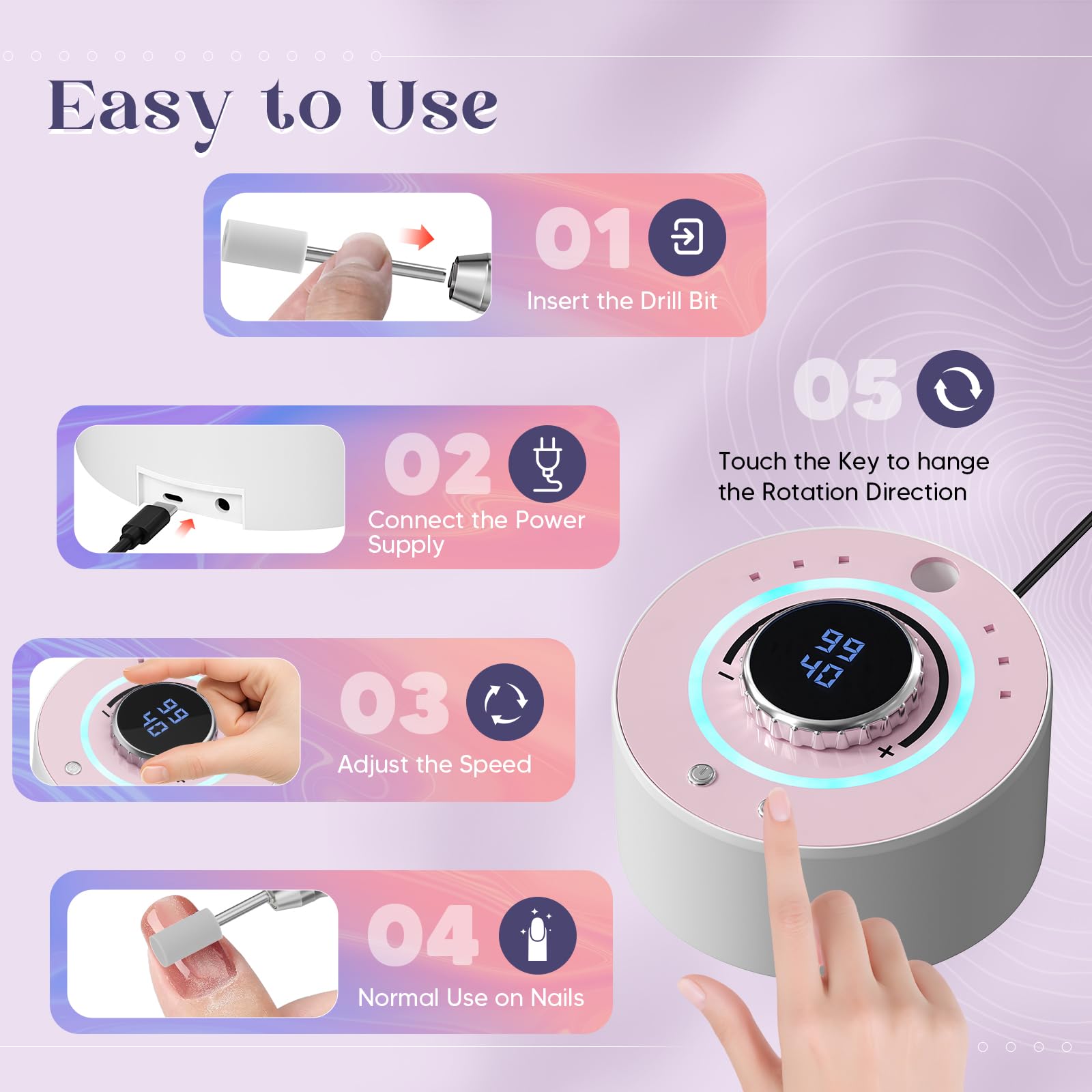 Fresa per Unghie Professionale 36000 RPM, Fresa Per Unghie Con 12 Testine Di Levigatura, Display LCD Ricaricabile Batteria Design, per Manicure e Pedicure Rimozione Smalto Calli e Duroni (Rosa)