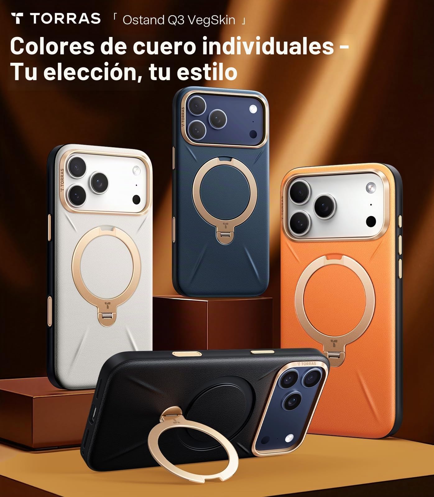 TORRAS Ostand Q3 VegSkin Funda para iPhone 17 Pro MAX [clásica Piel de Ternero][(Soporte magnético Invisible 360°] Resistente a los Golpes& arañazos, Funda para iPhone 17 Pro MAX, Naranja
