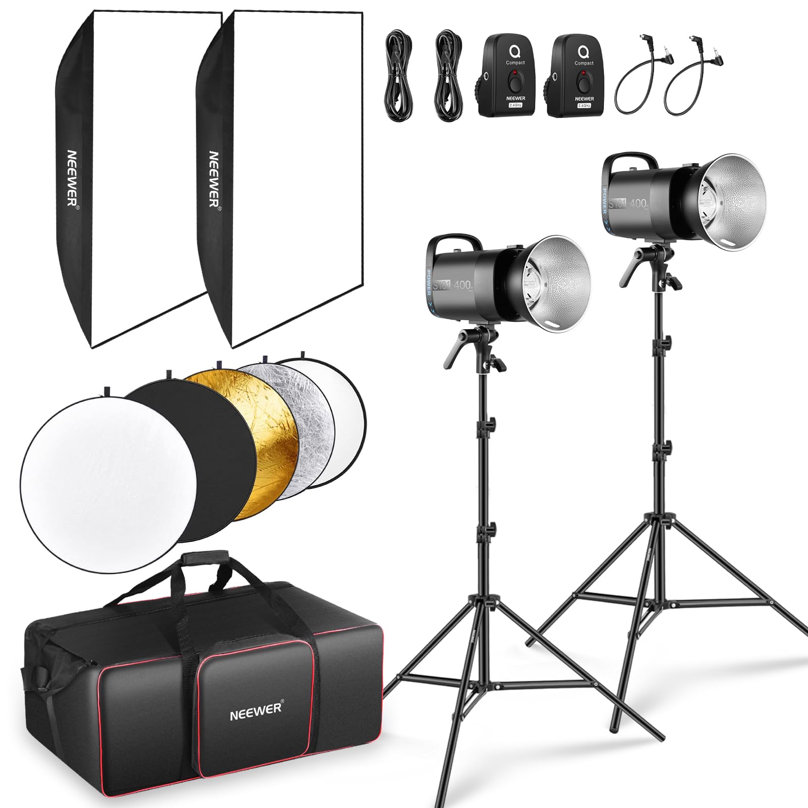 NEEWER 800Ws Studio Monolight Strobe Flash Set: 2er Pack S101-400W PRO 5600K Blitzlicht Studio mit 2,4G Auslöser/150W Einstelllampe/Bowens Mount/Softboxen/Ständer/Reflektor/Tasche, kompatibel mit QPRO