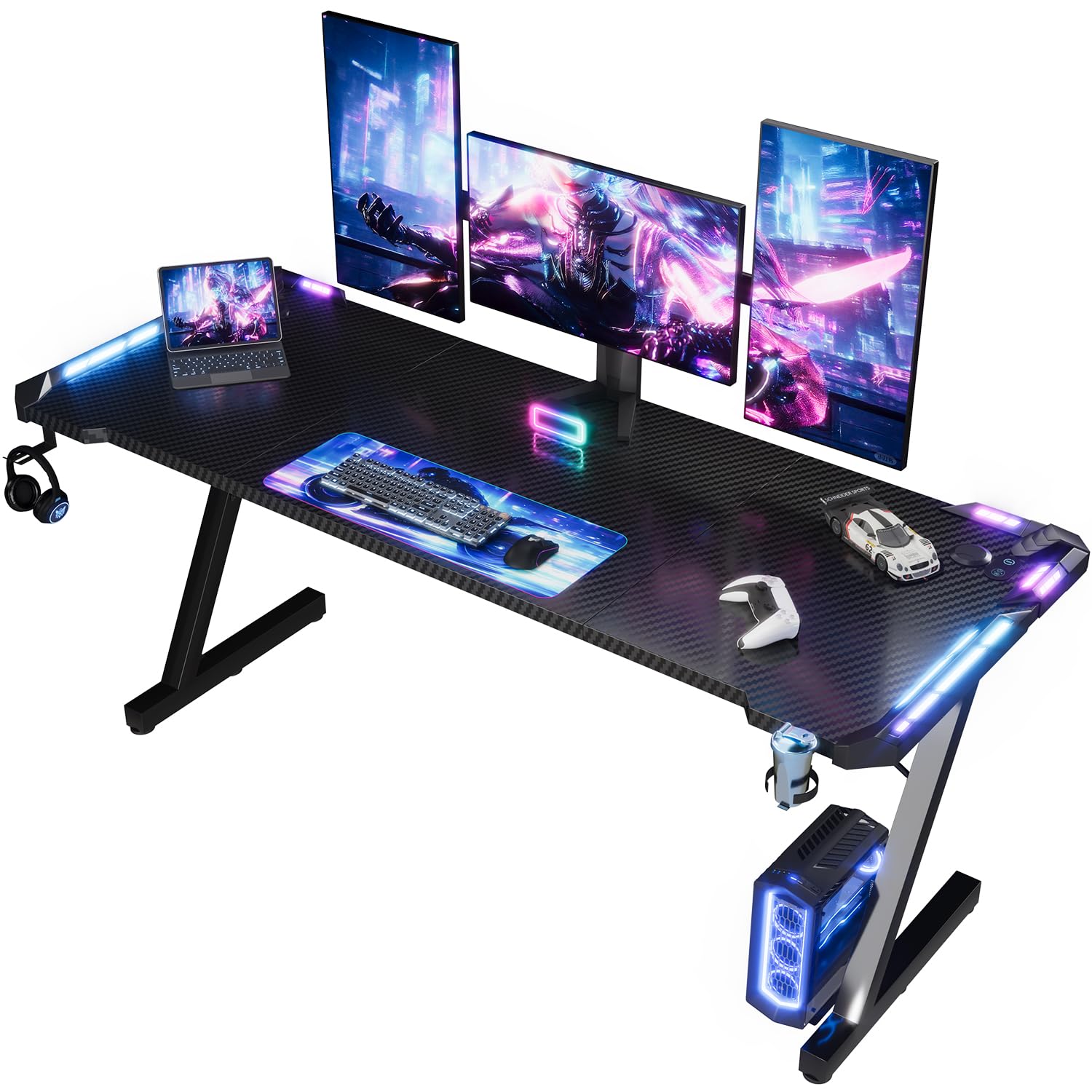 Devoko Led Gaming Desk 160x60 cm,Gaming Desk Z-Frame, Ergonomic Gamer Desk with Cup Holder, Headphone Hook, Stable Computer Desk PC Desk