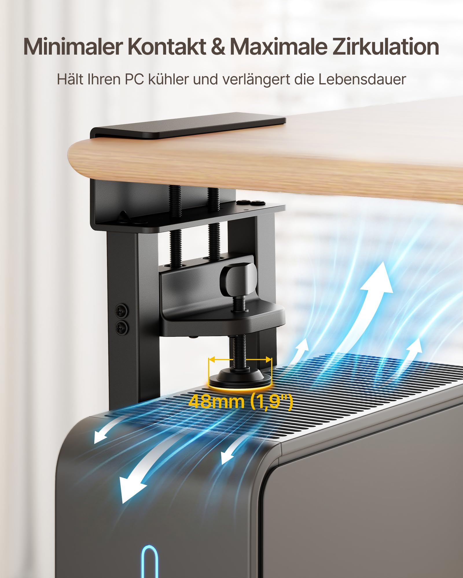 monTEK 30KG PC-Halterung unter Schreibtisch, Ohne Bohren montierbar | Heavy-Duty, Verstellbare Desktop PC Halterung mit Schutzpolstern, 41CM-65CM Höhe, für Büro, Zuhause, Klassenraum, Schwarz