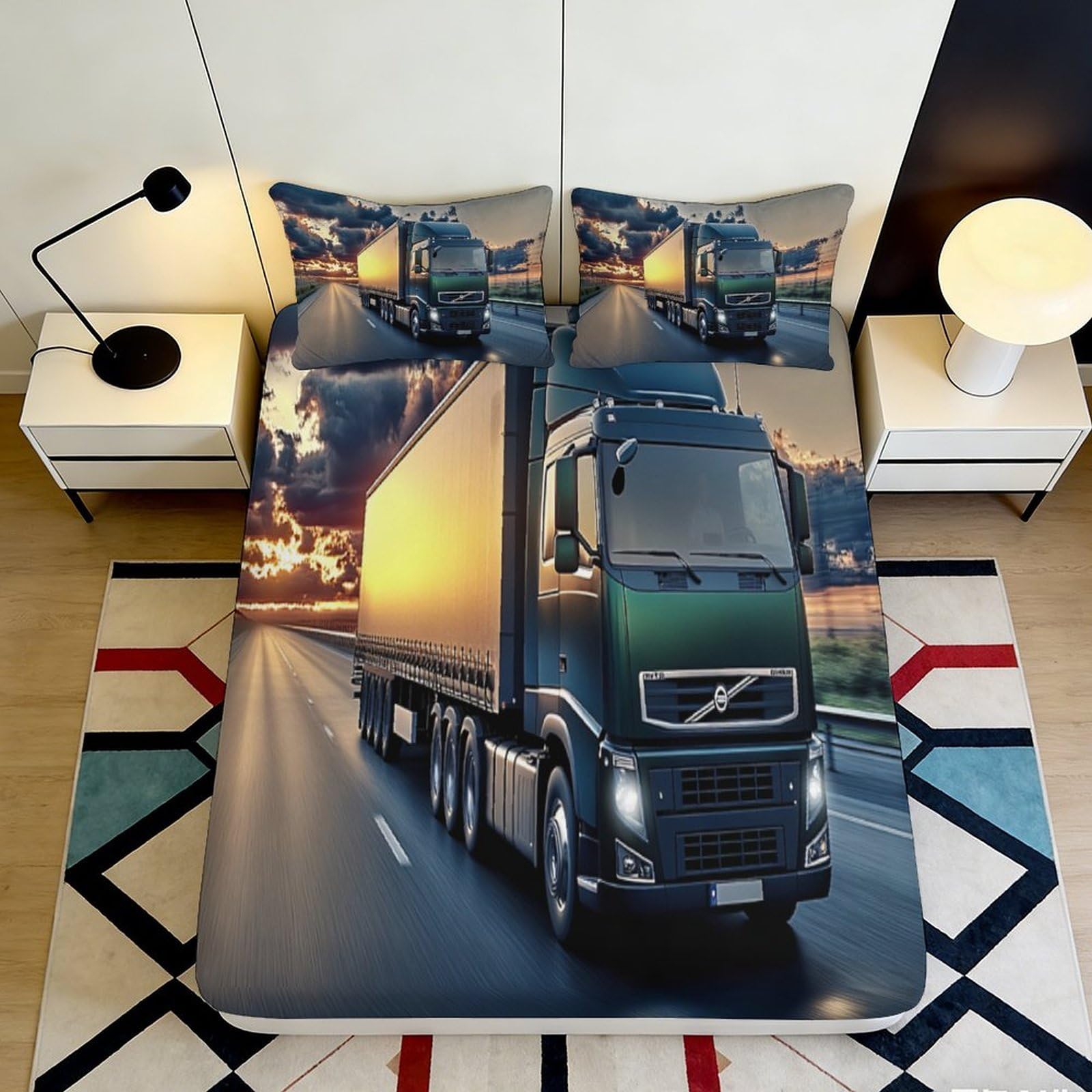 3D Printed Truck Design Fitted Sheet Microfiber Soft Durable 3D Printed Sunset Highway Mattress Cover for Bedroom Dormitory Guest Room Protection 200x200x25cm