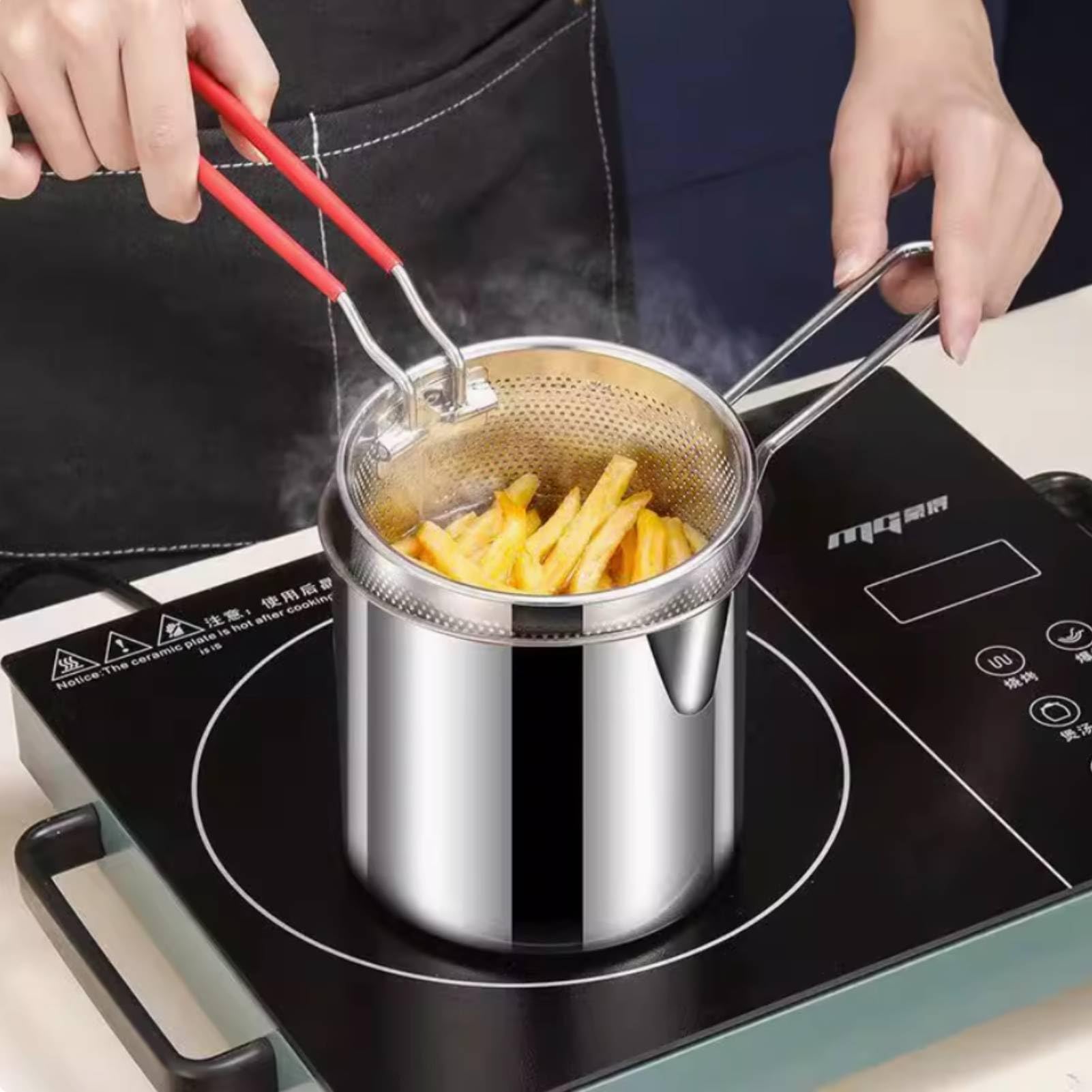 Deep Fryer Pot with Basket, Stainless Steel Fryer with Strainer Basket Lid Easy Grip for Kitchen French Fries and Chicken