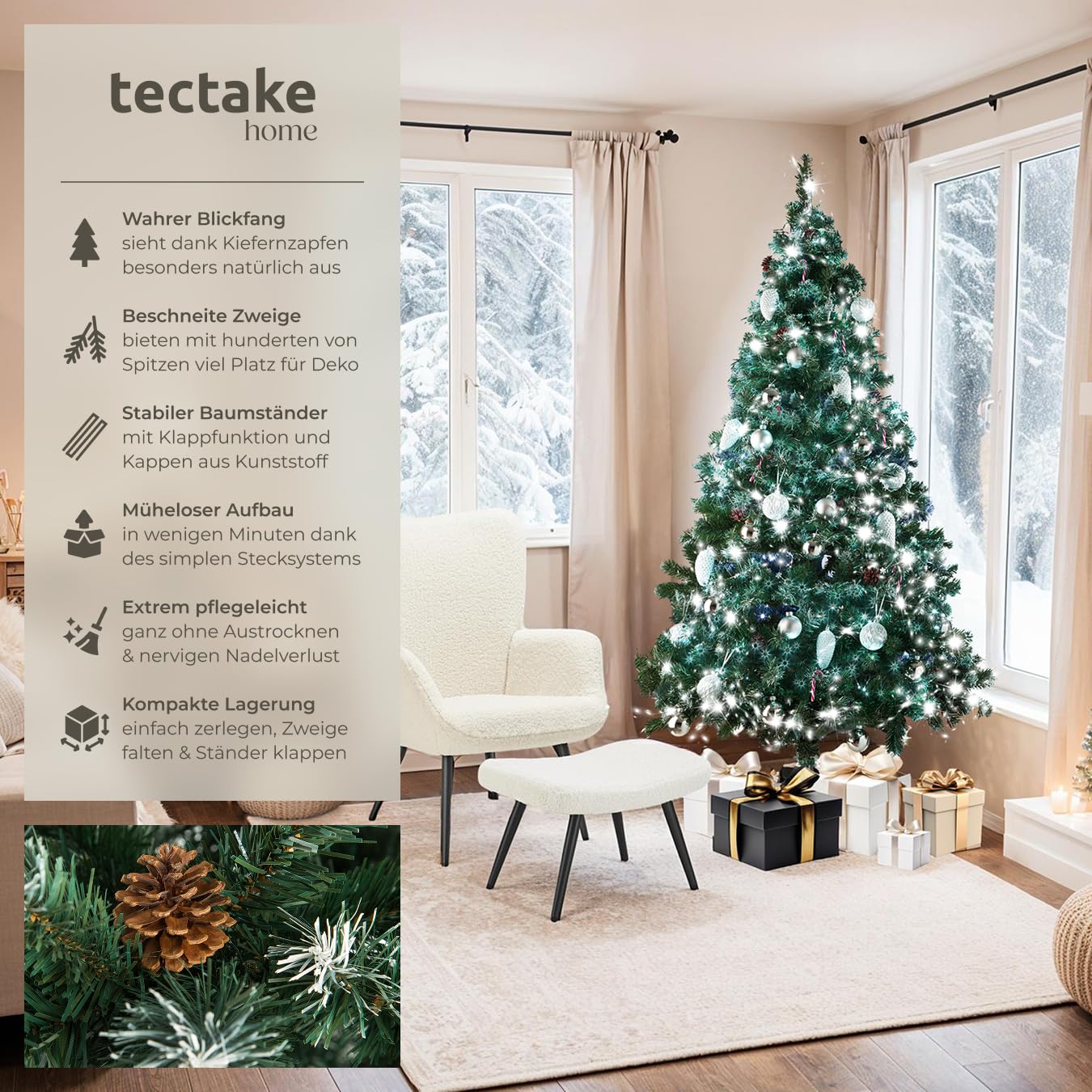 tectake Christbaum realistischer und naturgetreuer Weihnachtsbaum künstlich, Tannenbaum, Deko, Christmas Tree - Kunstbaum mit Ständer - 180 cm, 705 Spitzen und Zapfen grün