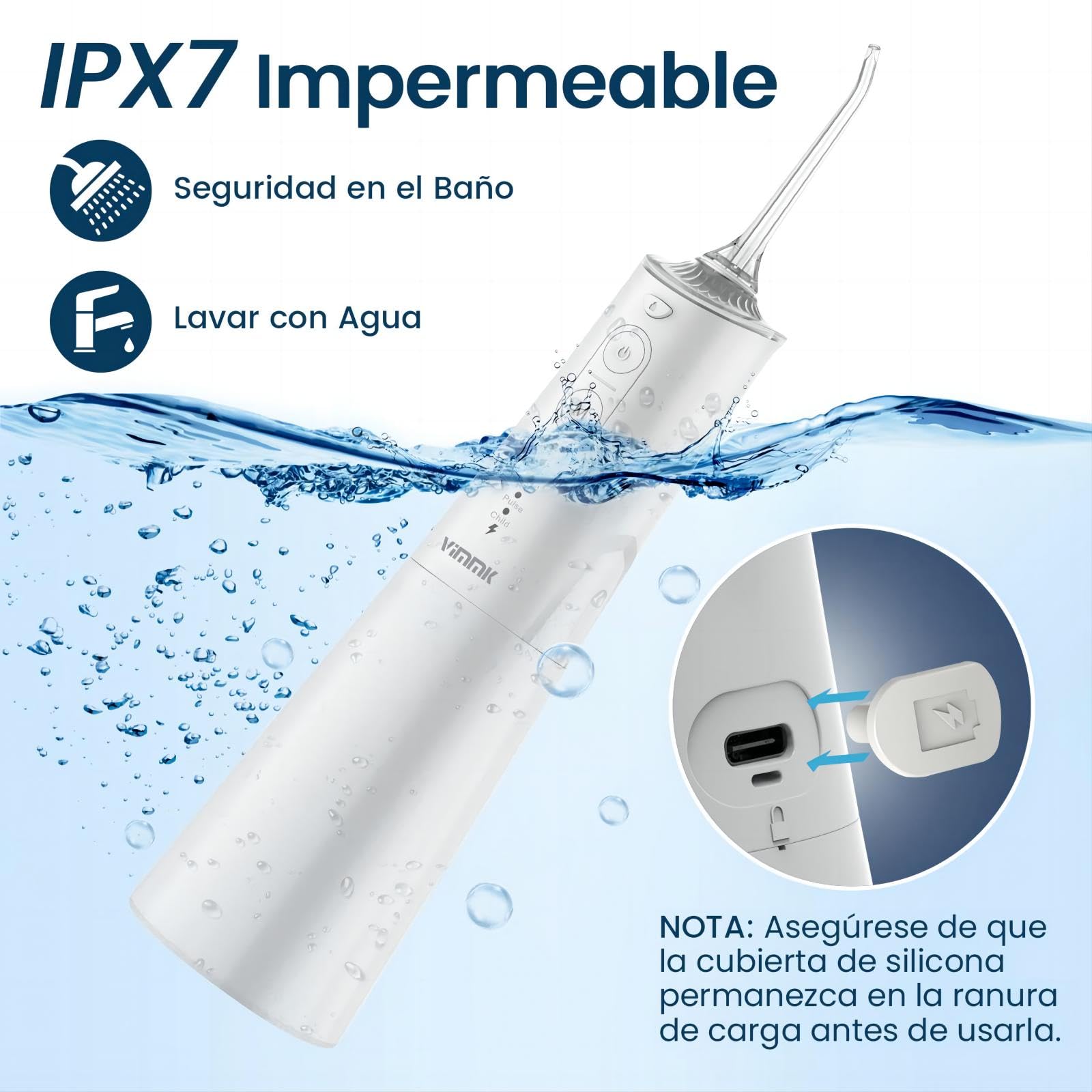 Irrigador Bucal Portatil, Vimmk Irrigador Dental Inalámbrico Profesional 8 Boquillas 5 Modos, IPX7 Impermeable 300ML USB-C Recargable Para Limpieza Dientes, Para el Hogar y los Viajes (Blanco)