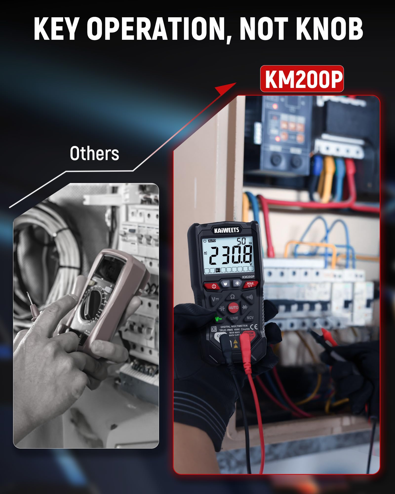 KAIWEETS Digital-Multimeter mit Tastenbedienung, 4000-Zähler, Automatische Bereichswahl (Auto-Ranging), TRMS, NCV-Funktion und Live-Wire-Test, Misst AC/DC-Spannung, Widerstand,Durchgang, Kapazität