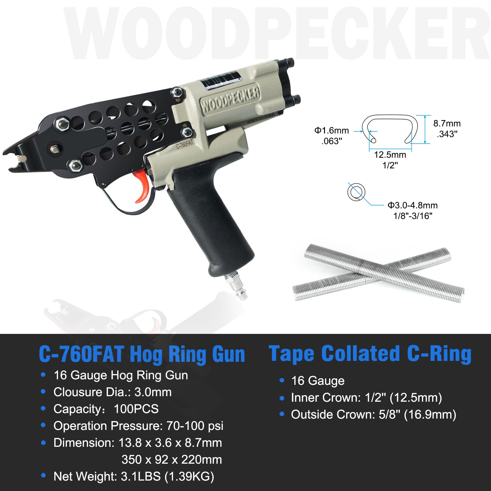 WOODPECKER C-760FA - Pistola neumática de anillo de cerdo de calibre 16, diámetro de cierre estándar de 3 mm a 4,8 mm, grapas de anillo de cerdo de corona de 1/2 pulgada, herramienta de alicates de