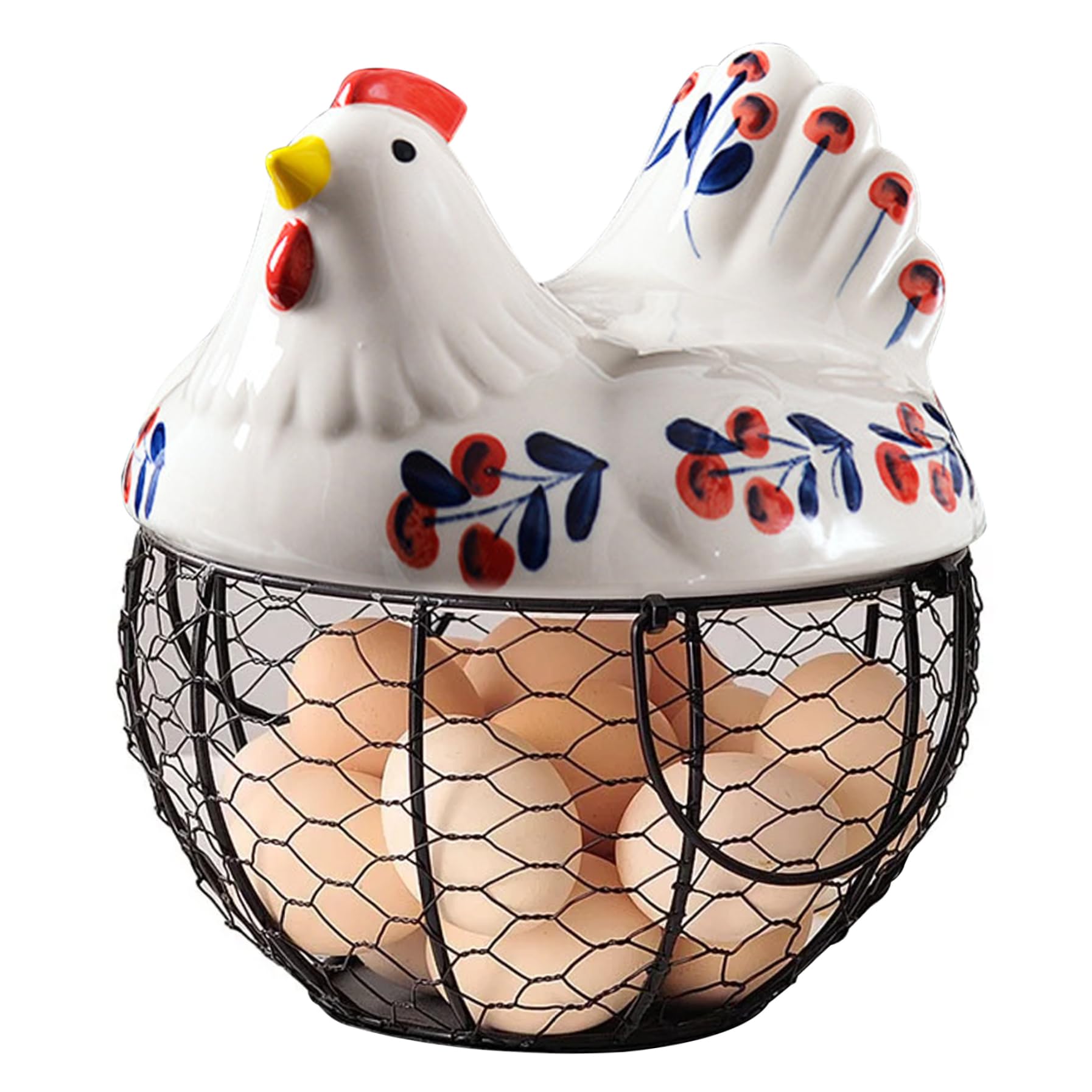 Soporte de huevo de gallina de cerámica, cesta de alambre hueco con base no deslizante y tapa, organizador de encimera para recoger huevos frescos