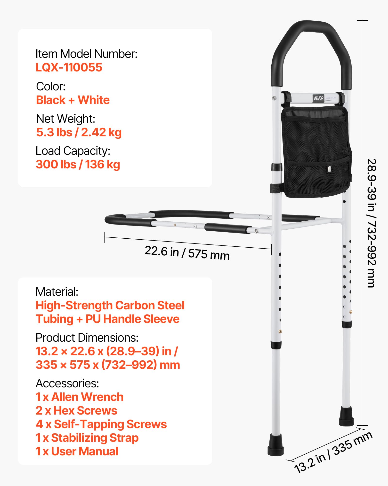 VEVOR Barrière de lit pour Personnes âgées, Barre d’Appui pour lit avec Pied de Support et Main Courante en PU, Hauteur réglable, Tube en Acier au Carbone, Rampe d'assistance de Chevet pour Patients