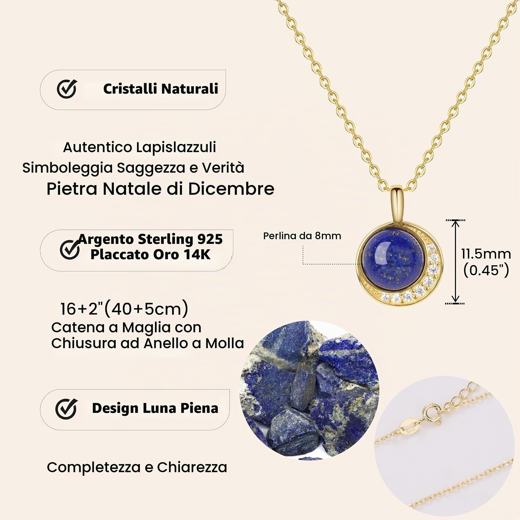 COAI Collana Argento 925 da Donna Placcato Oro 14K con Ciondolo Luna Crescente, Collana da Donna in Pietre Naturali e Zirconia Cubica