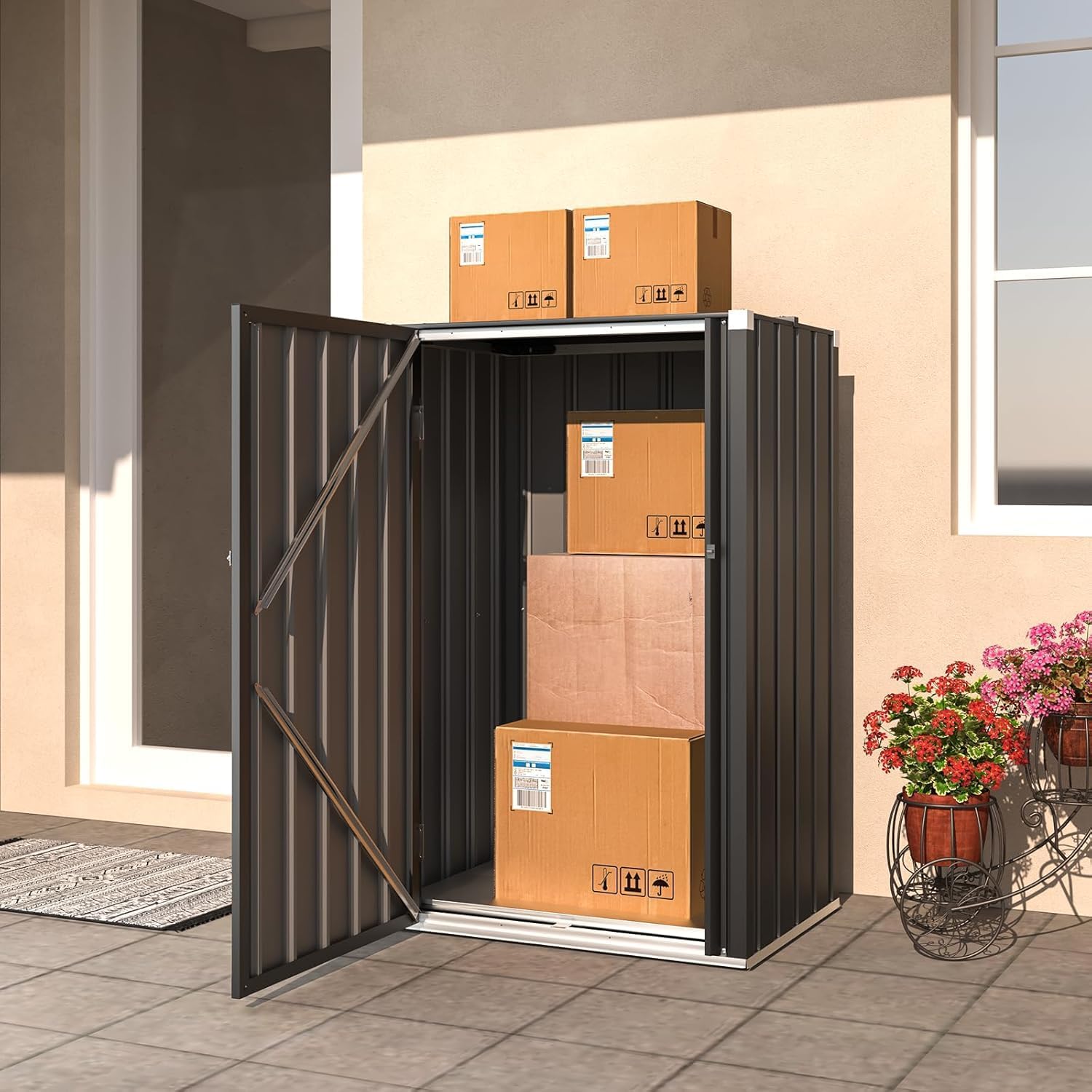 YODOLLA Gartenschrank 76x55x112cm, wetterfester Einzel-Tür Außenschrank aus Metall, Paketkasten & Lagerung mit Schloss – für Garten, Grau