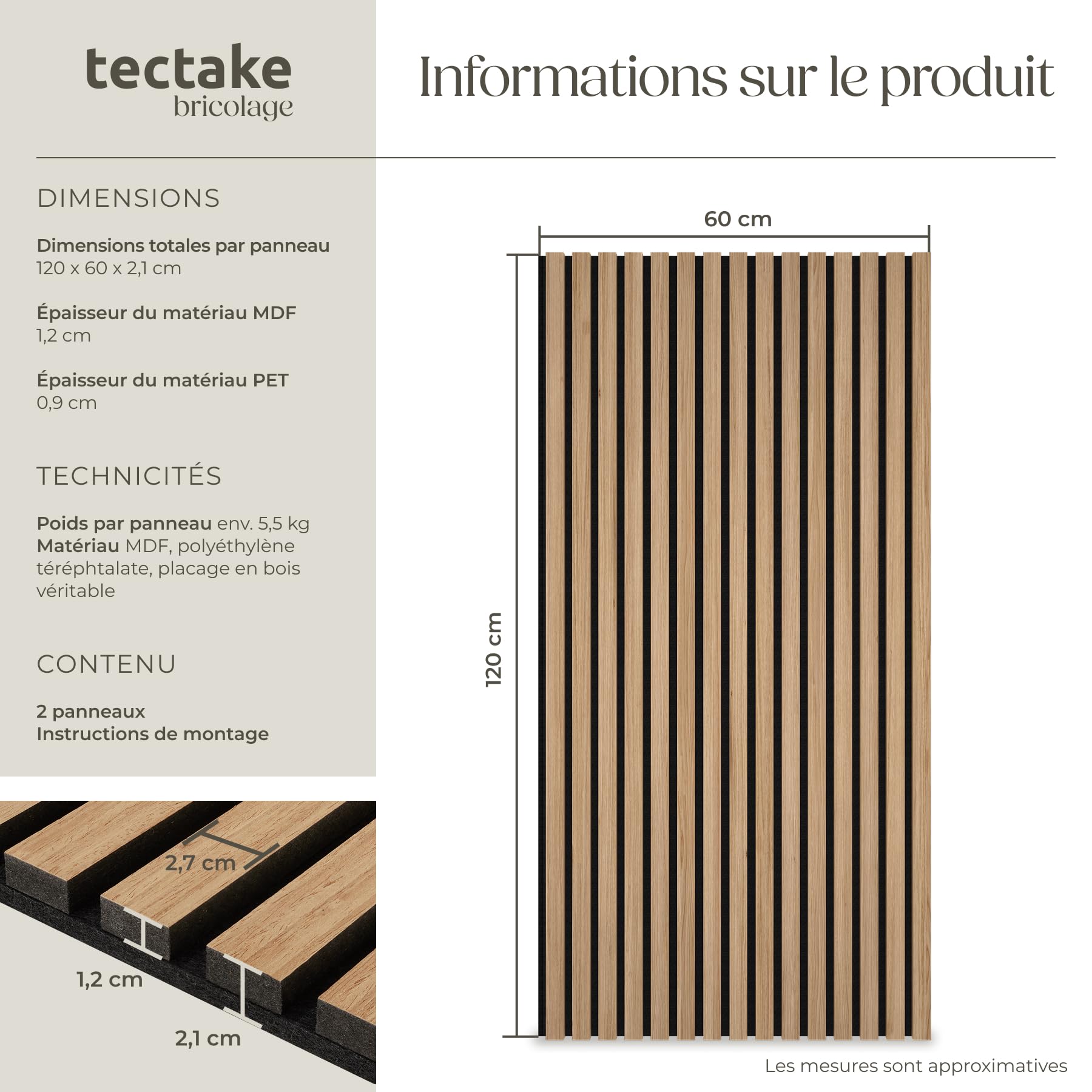 tectake® Lot de 2 panneaux acoustiques muraux et pour plafond, en Bois MDF, 120 x 60 x 2,1 cm par panneau mural decoratif pour isolation phonique Chambre, Bureau, Studio de musique Decoration murale