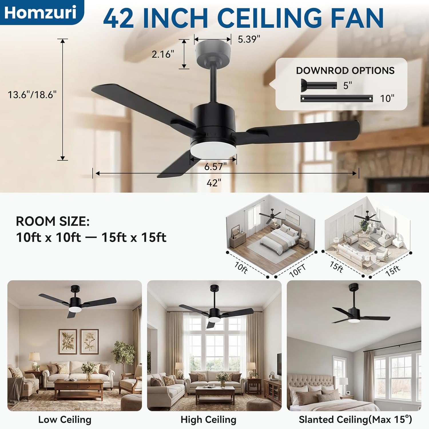42" Ceiling Fan with Light and Remote, 6 Speed, Reversible Quiet DC Motor, 3CCT & Dimmable, Fast Install, Dual Finish 3 Blades Downrod Ceiling Fan with Lights for Bedroom, Living Room, Apartment
