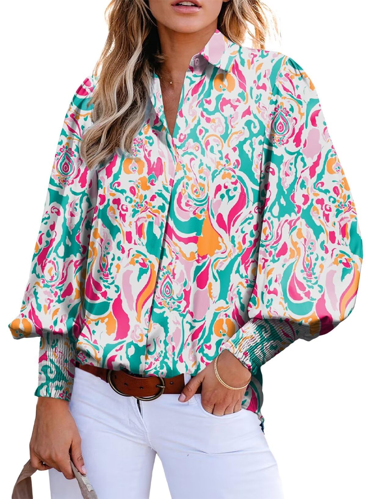 Astylish Womens Loose V Neck Oversized Shirts Paisley Print Lantern Sleeve Blouse Dressy Casual Boho Flowy Bottom Down Tops