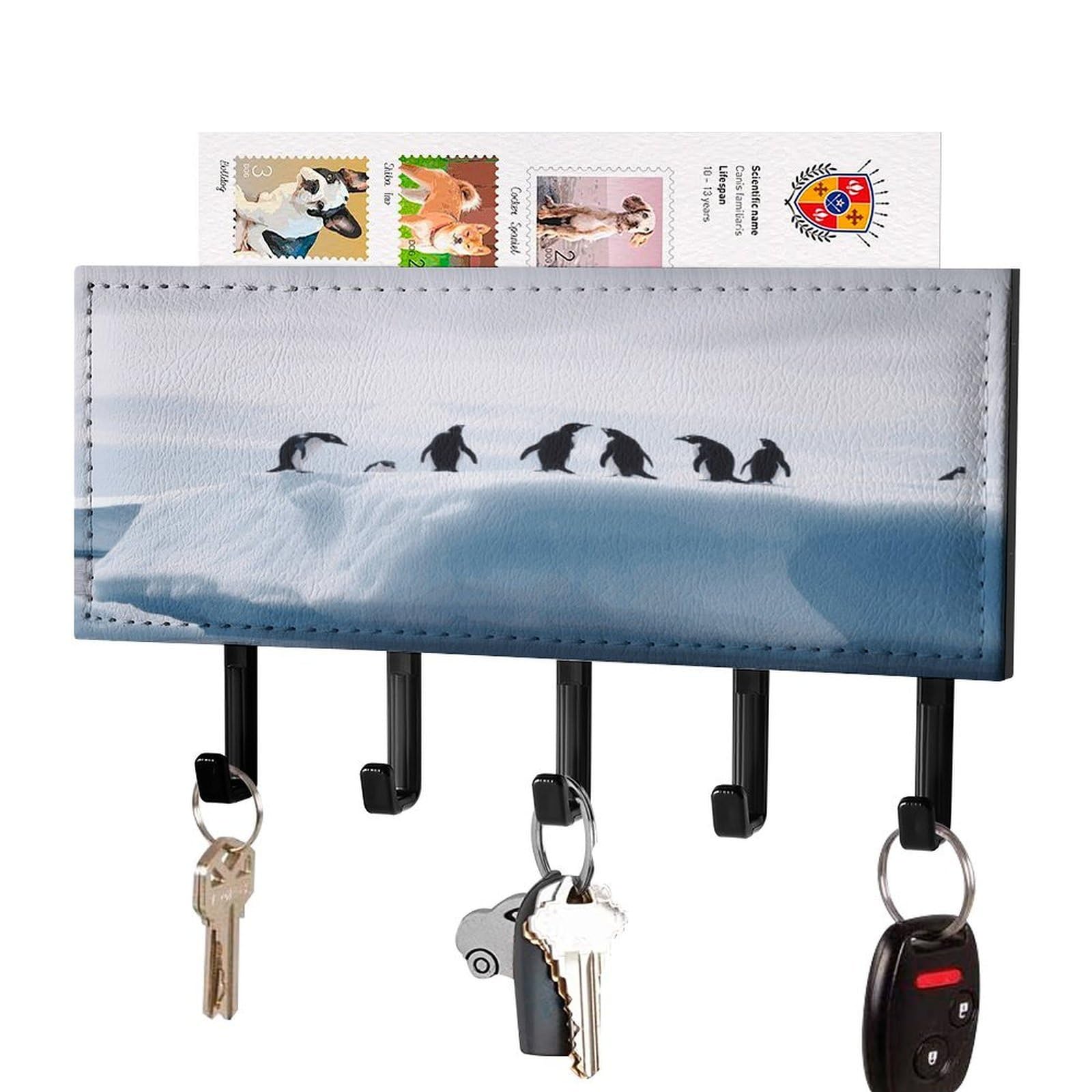 Fekiloot Black-Style Penguins On The Iceberg Key Holder Wall Mount Decorative Key And Mail Holder With 5 Hooks Key Hanger Organizer Pu Key Rack Decorative Home Decor For Wall Living Room Entryway Office