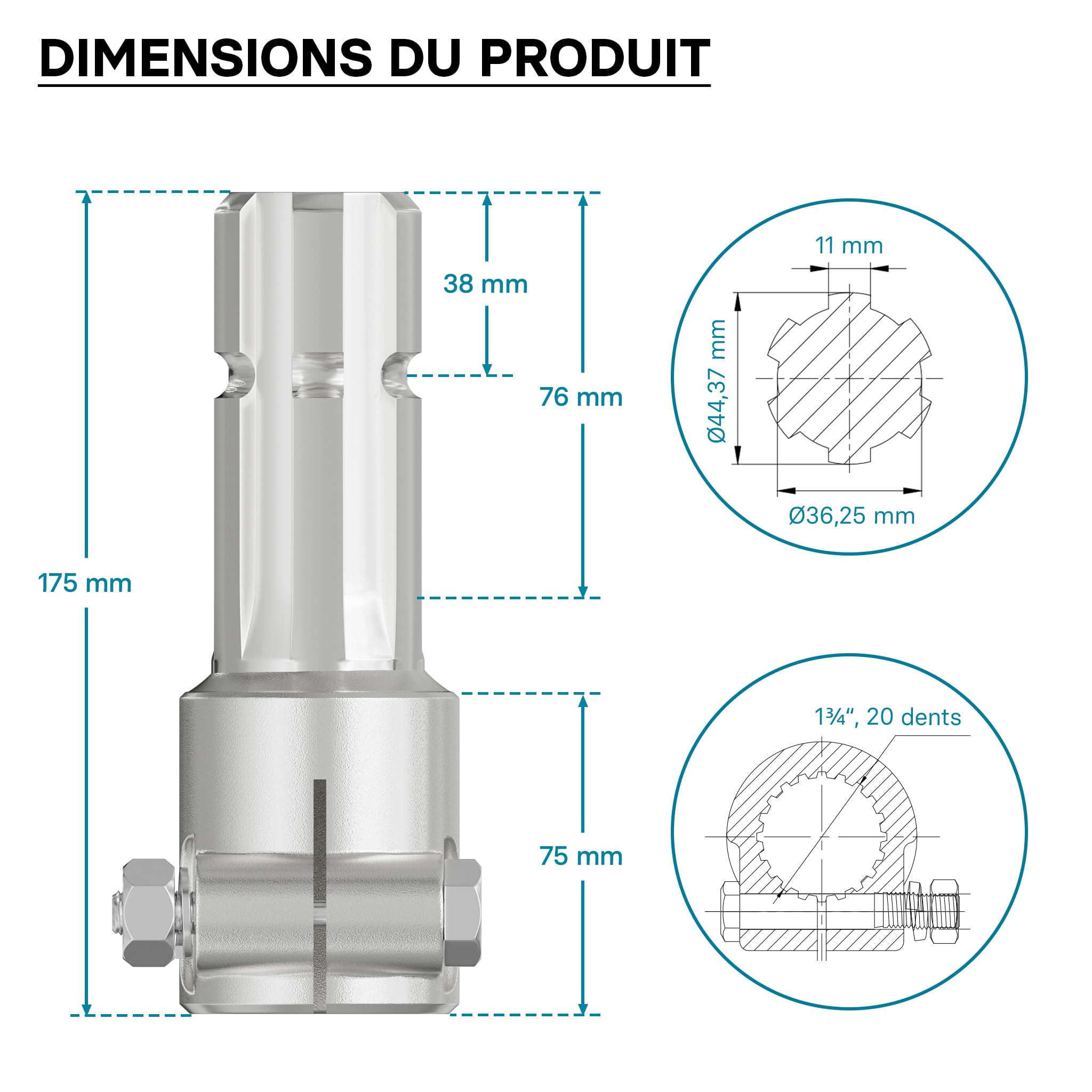 WilTec Manchon de Prise de Force Cardan - Longueur 175 mm - Raccord logement 1 3/4" 20D - Raccord Sortie 1 3/4" 6D - Ø 46 mm/44,37 mm - Arbre cannelé de Tracteur