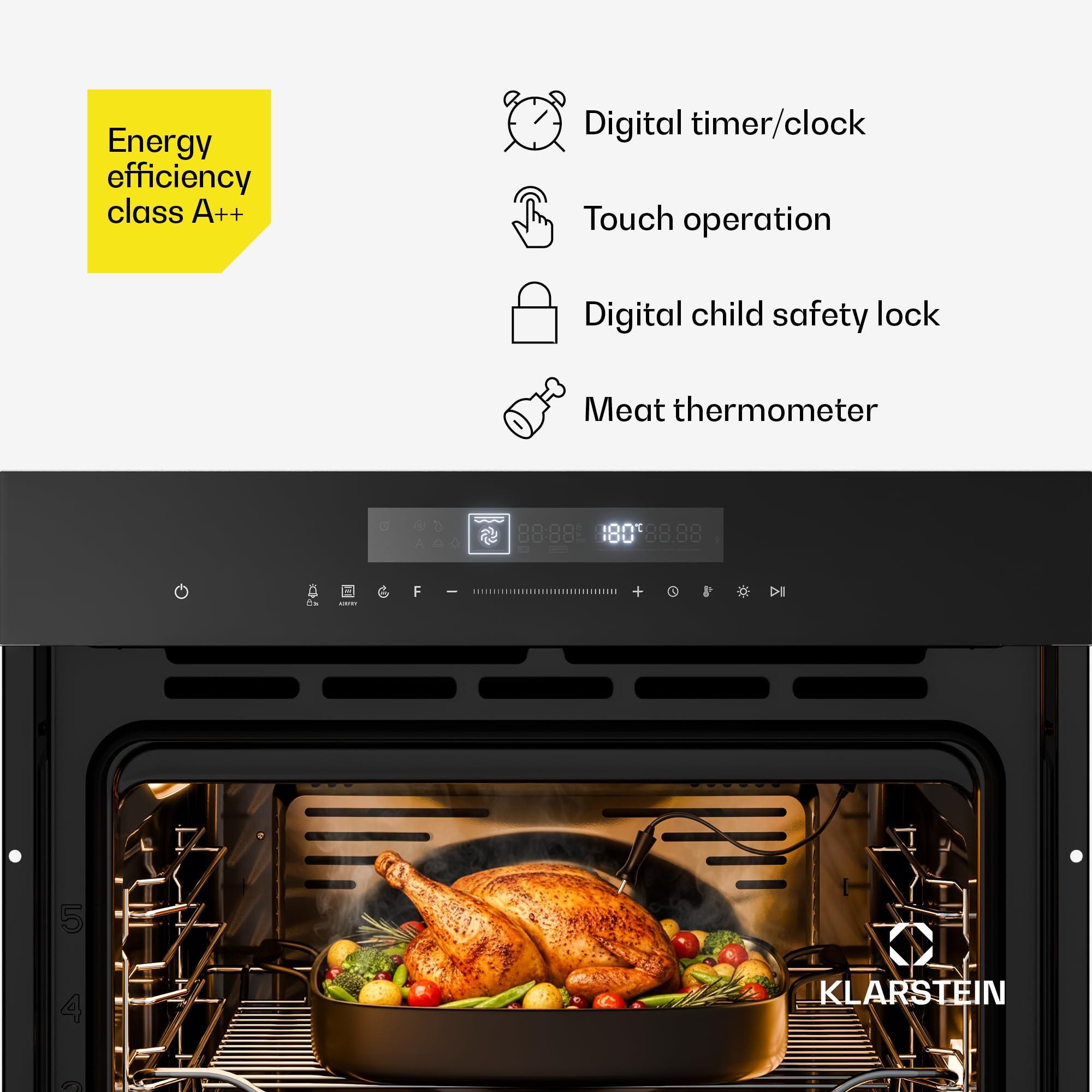 Klarstein Airjet piekarnik do zabudowy 60 cm - 72L, 13 trybów, funkcja Airfryer, sterowanie dotykowe, klasa energetyczna A++, emalia, timer, blokada rodzicielska, urządzenie do zabudowy, czarny