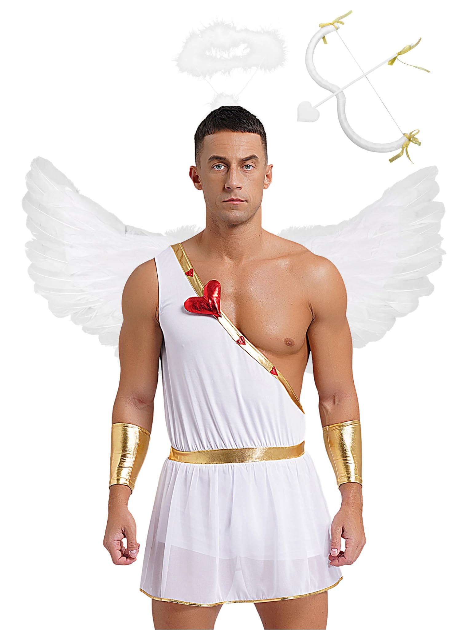 Runhomal Mens Valentine's Cupid 3Pcs Angel Costume Skirted Rompers Cupid Costume for Halloween Party XA White XXL