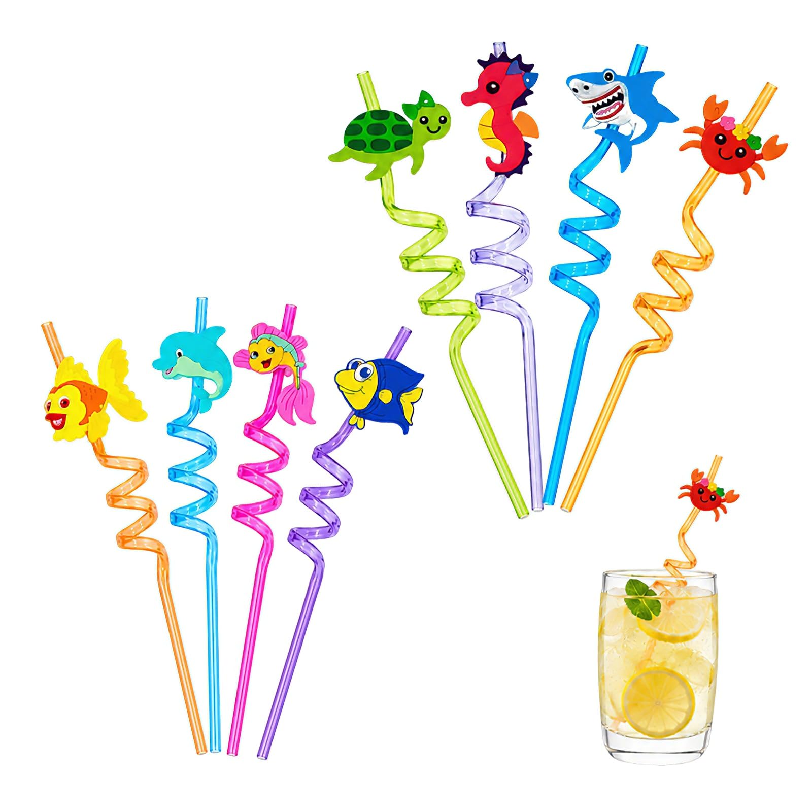 8 Packs Ocean Style Curly Straws, Colorful Reusable Drinking Crazy Straws, Marine Animals Summer Straw, Cartoon Bendy Straws, Novelty Birthday Party Decorations, Family Birthday Decor Supplies